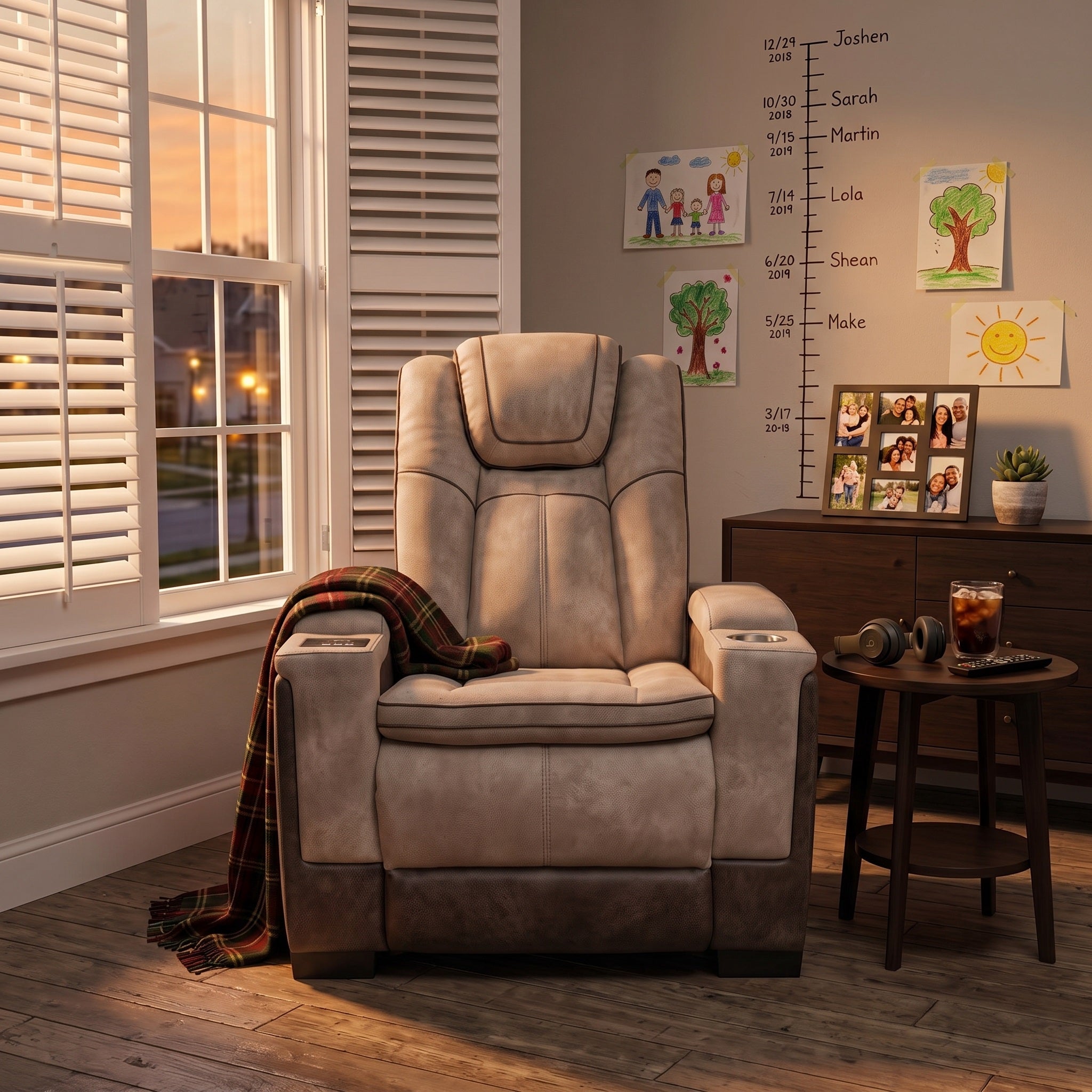 A brown power recliner chair equipped a
cup holder and inteliigent console in the armrests and a plaid throw draped over one side, placed in a styled room.