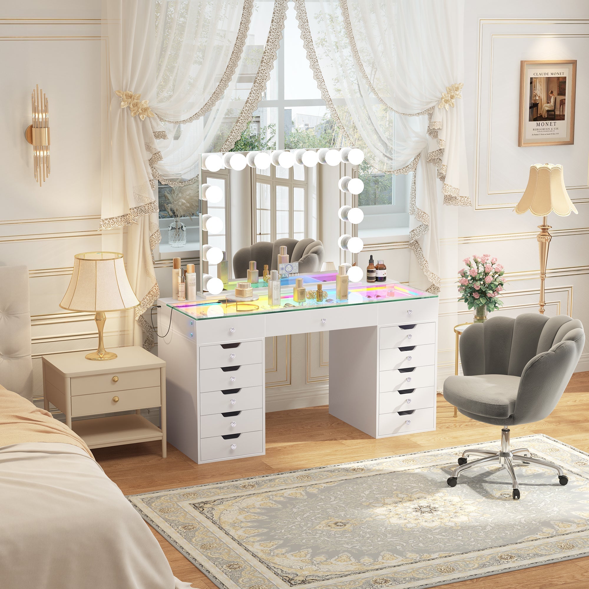 Eva-RGB Vanity Desk Set with Mirror-White