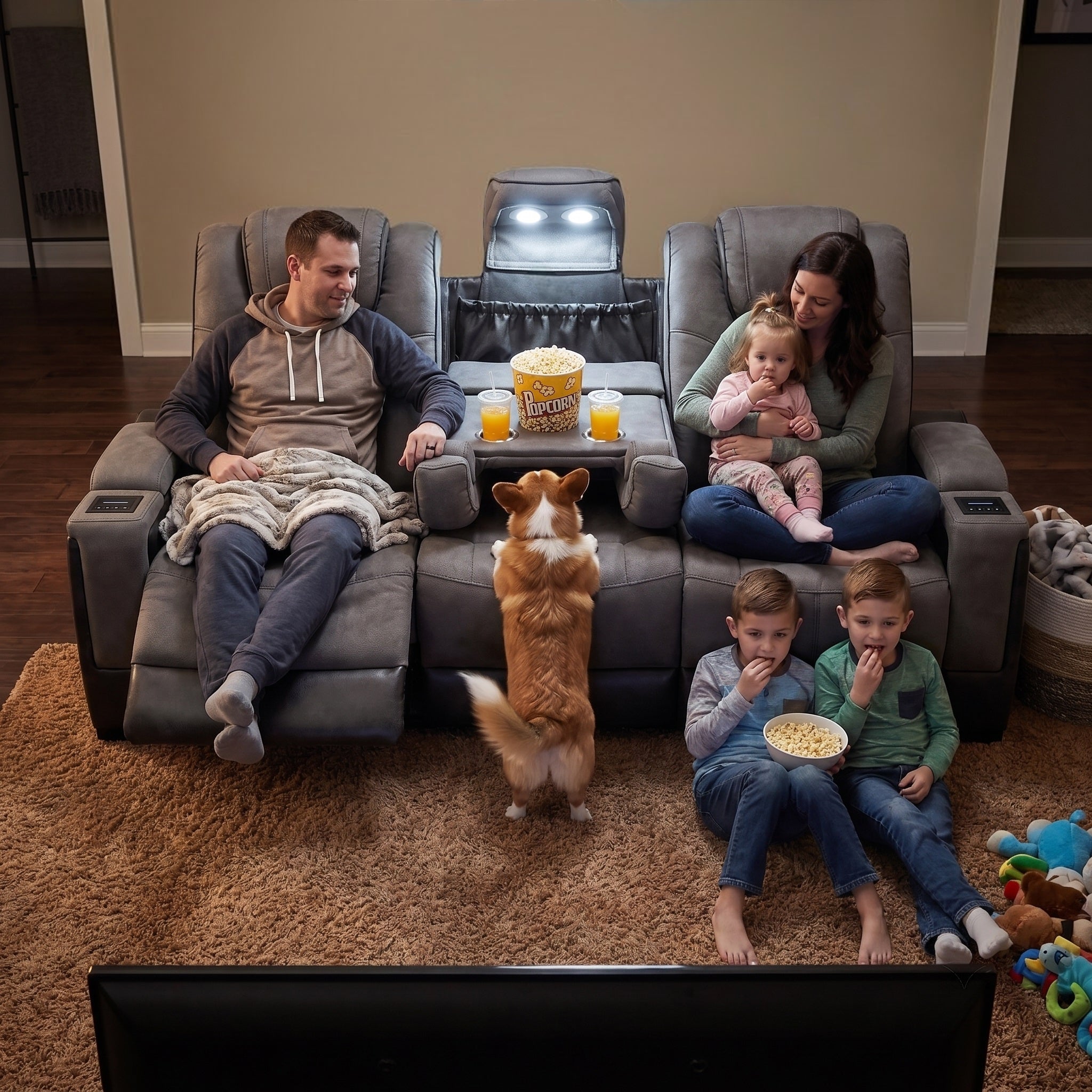 A family of five is sitting on the Charlie power recliner sofa in the living room, enjoying a movie night. There are two cups of orange juice in the cup holder.A unique reading lamp provides light for the popcorn and beverages.