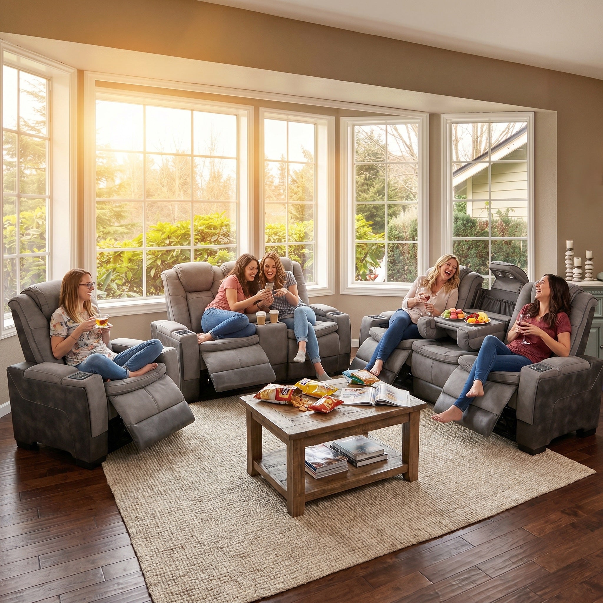 Charlie power recliner sofa set in modern living room, electric recliners supporting 90°-145° power reclining angle range, built-in reading light for family leisure gathering