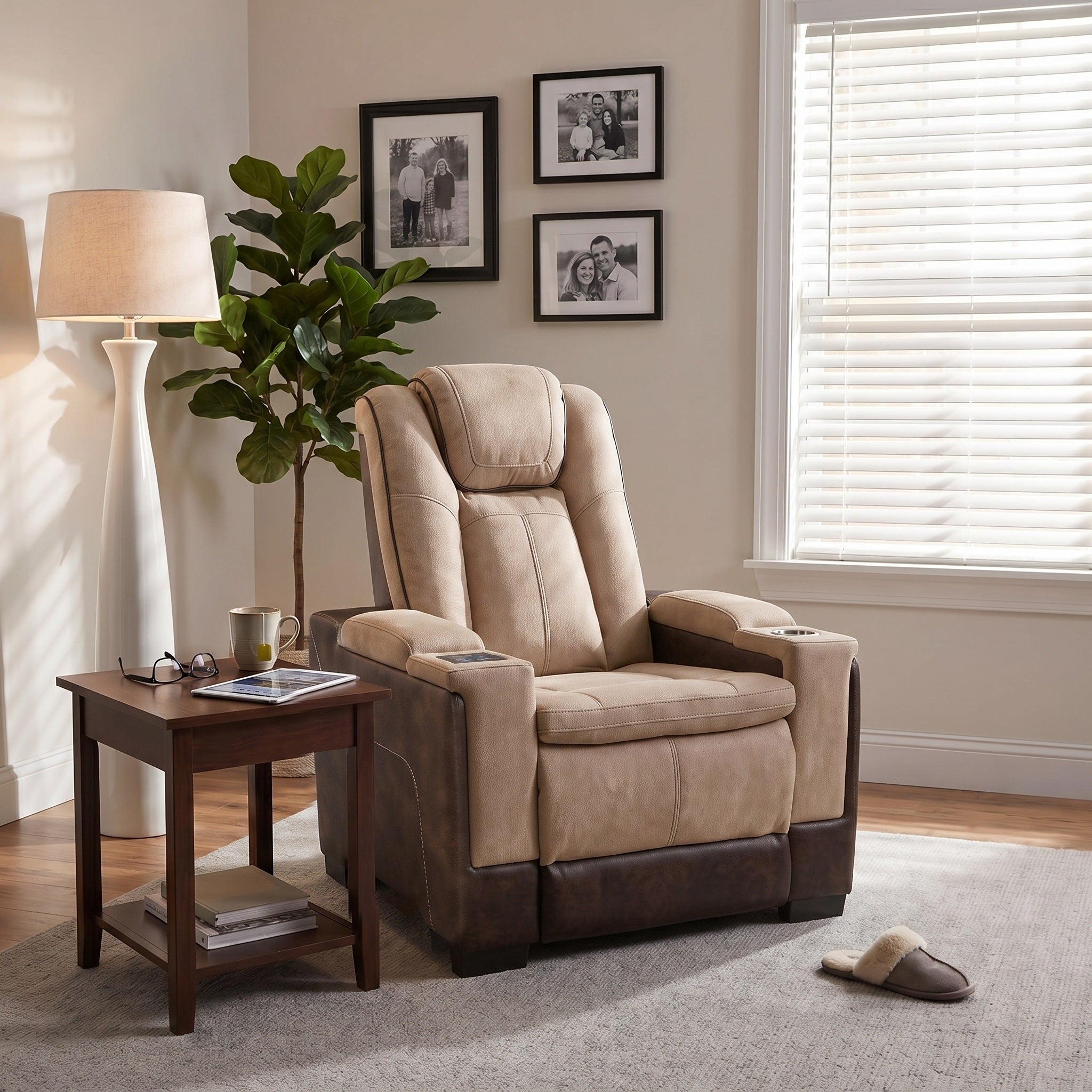 A brown upholstered recliner chair with cup holder on the armrests, shown in a modern living room setting next to a wooden side table, lamp, and window.