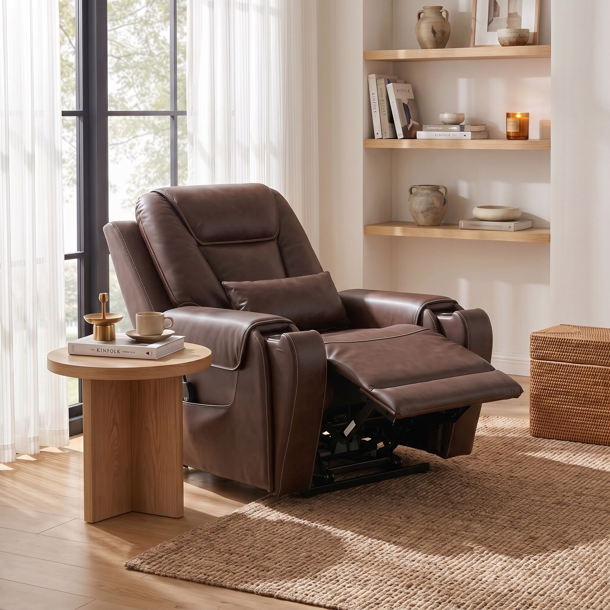 Brown Electric Power Lift Recliner Chair features adjustable backrest & footrest & headrest，stainless steel cup holders,built-in USB charging port，offering massage and heat features for modern living room.