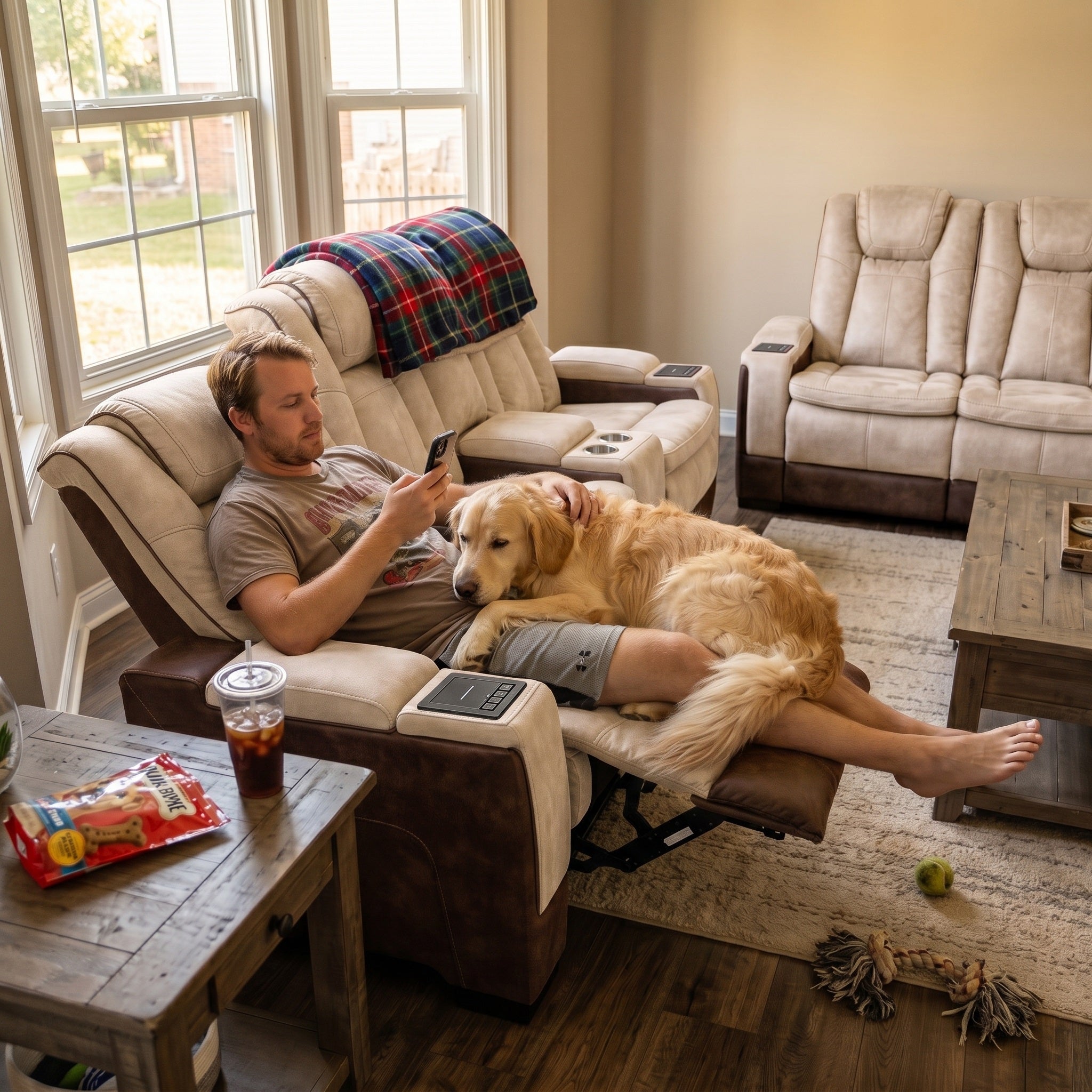 A man relaxes in a Charlie brown power recliner loveseat with a golden retriever dog lying on his lap, holding a smartphone in a cozy living room setting.