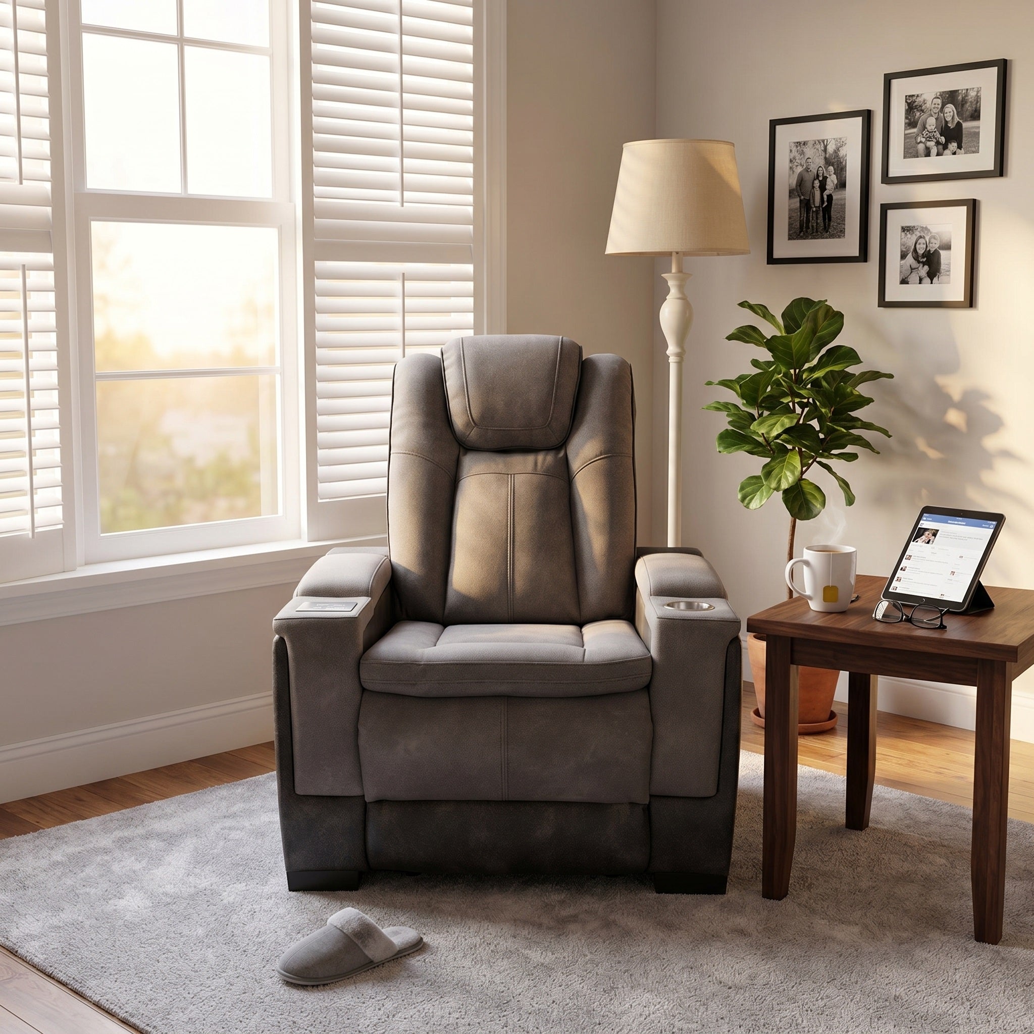 A gray upholstered recliner chair with cup holder on the armrests, shown in a modern living room setting next to a wooden side table, lamp, and window.