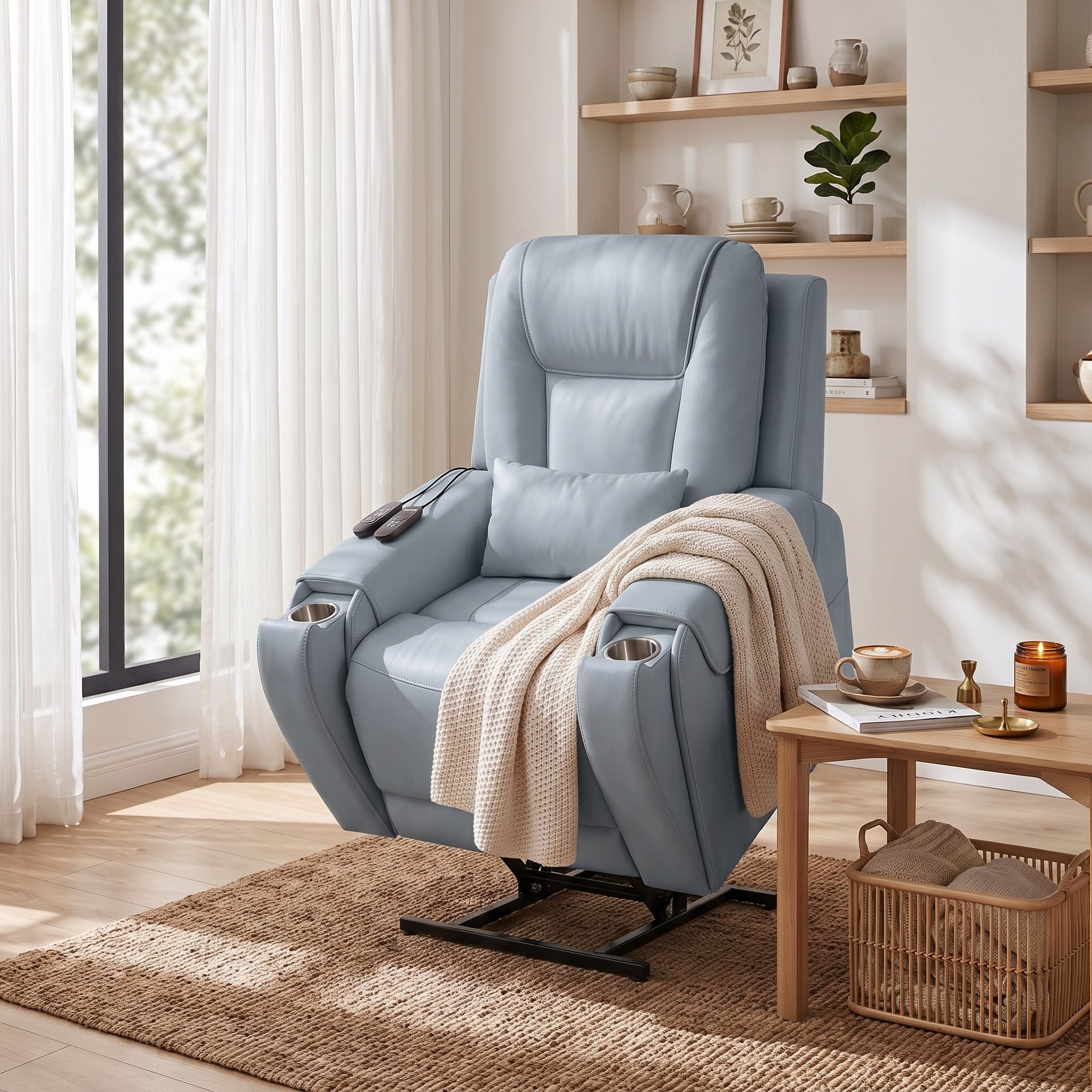 The base of the blue electric power lift recliner chair can be adjusted to a comfortable height.