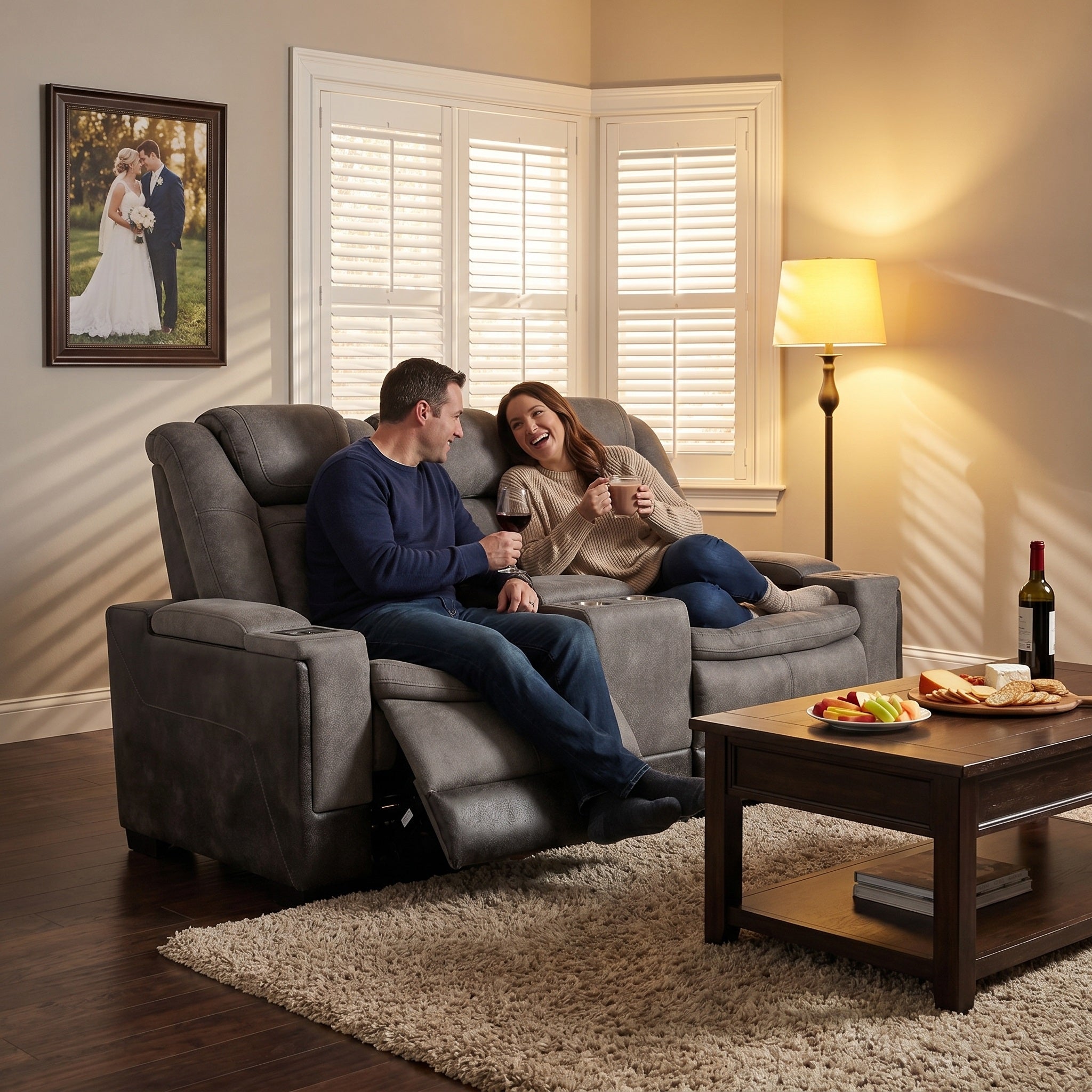 A man and a woman relax in a power recliner loveseat in a cozy, warmly lit living room. The man holds a glass of red wine, and a coffee table with food and a wine bottle sits in the foreground.