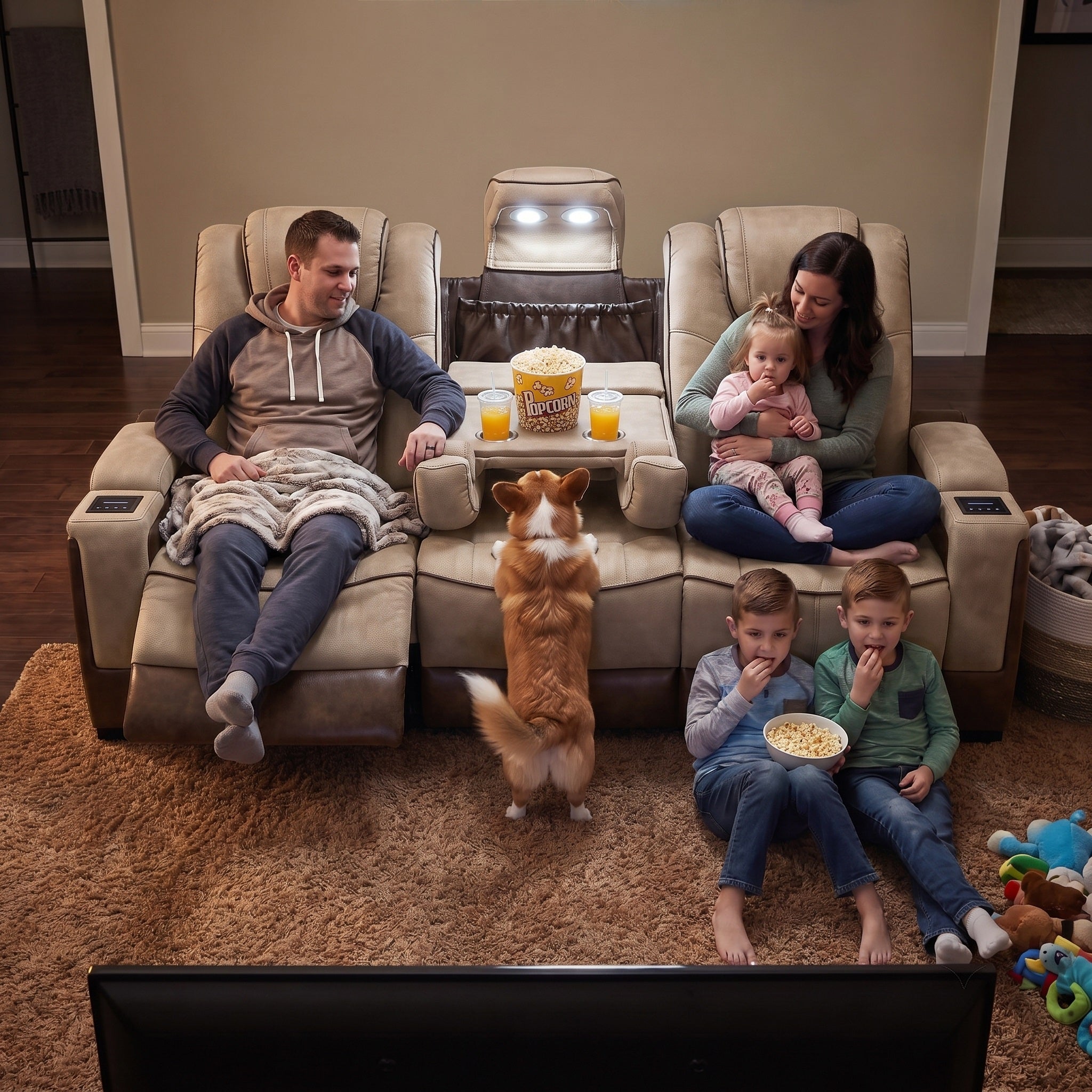 A family of five is sitting on the Charlie power recliner sofa in the living room, enjoying a movie night. There are two cups of orange juice in the cup holder.A unique reading lamp provides light for the popcorn and beverages.