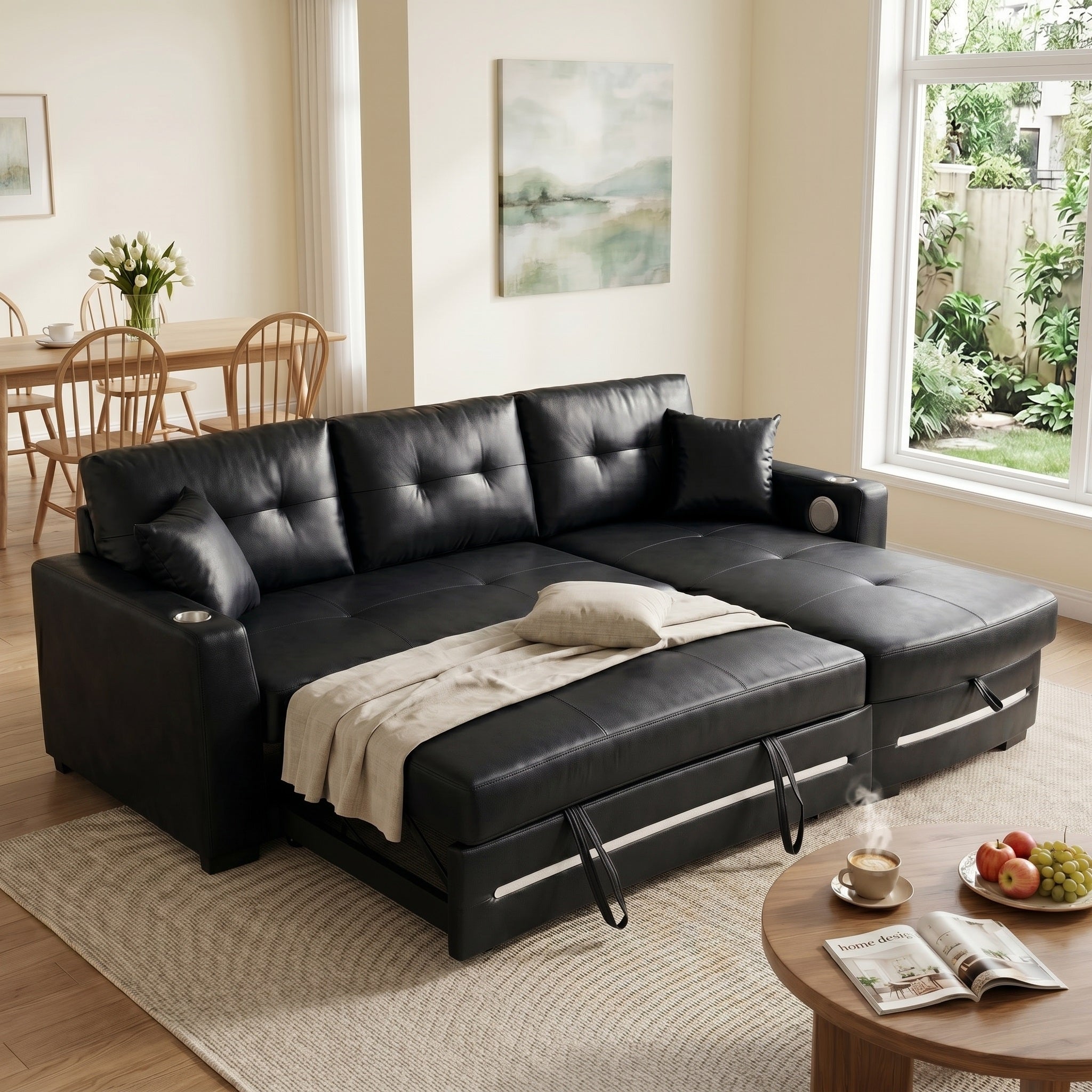 Modern L-Shaped Sectional Sofa Bed with Storage & Pull-Out Bed – Black Fabric Right Chaise