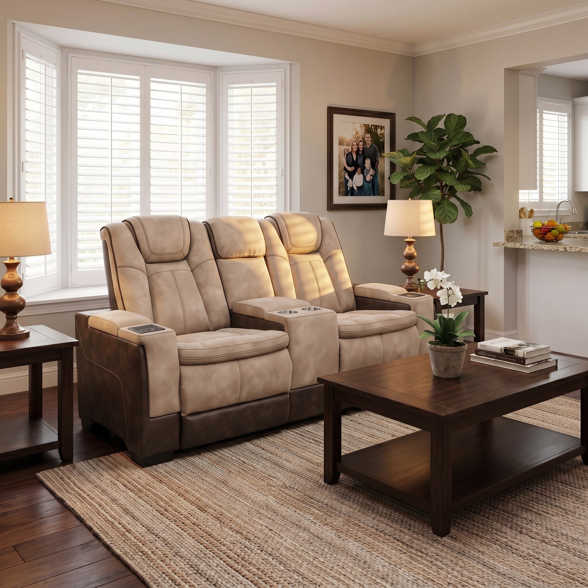 A power recliner loveseat in brown faux leather, shown in a staged living room with cup holders and intelligent console.