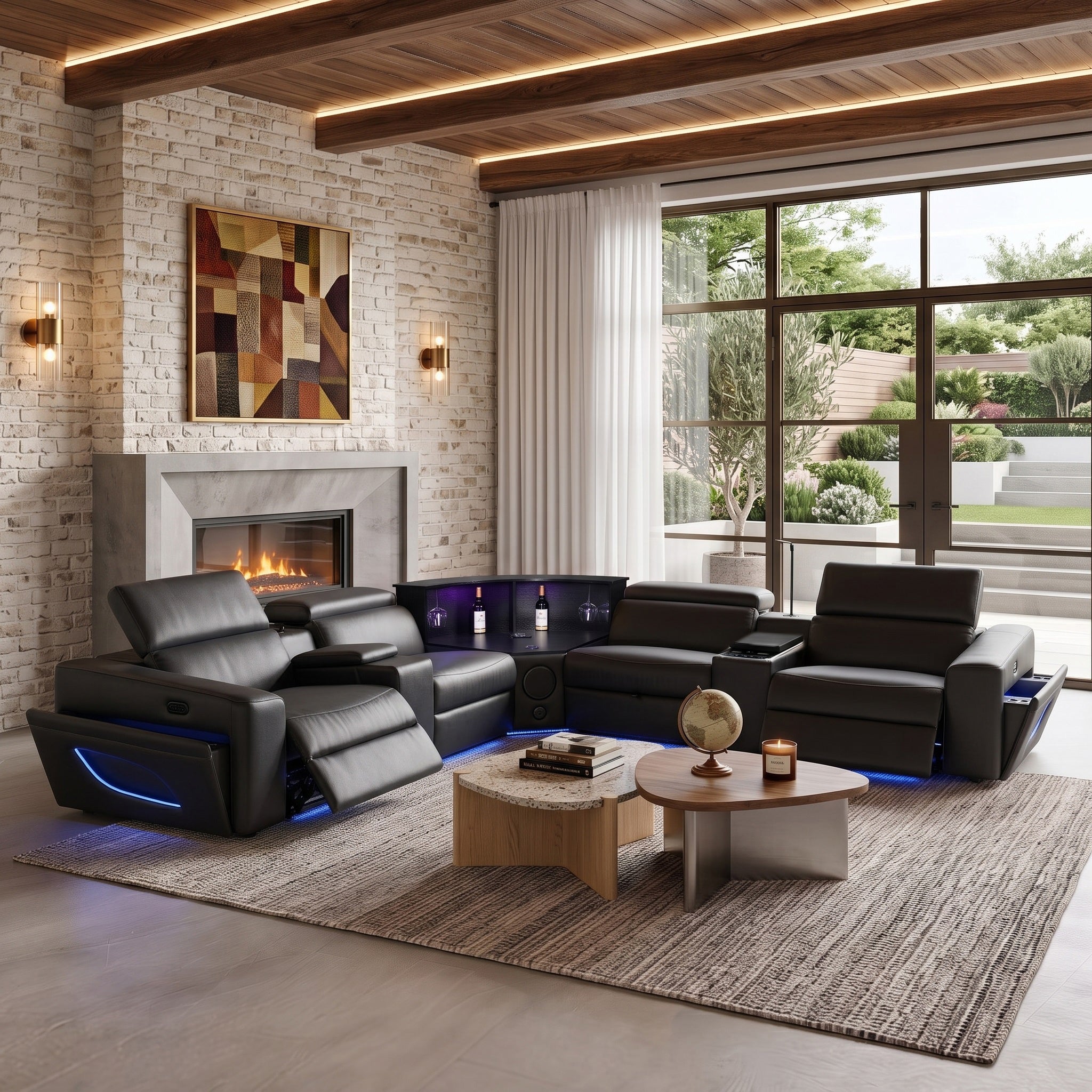 Black eco air leather power recliner sectional sofa, built-in wine cabinet, bluetooth speaker, wireless charging, LED ambient lighting for living room