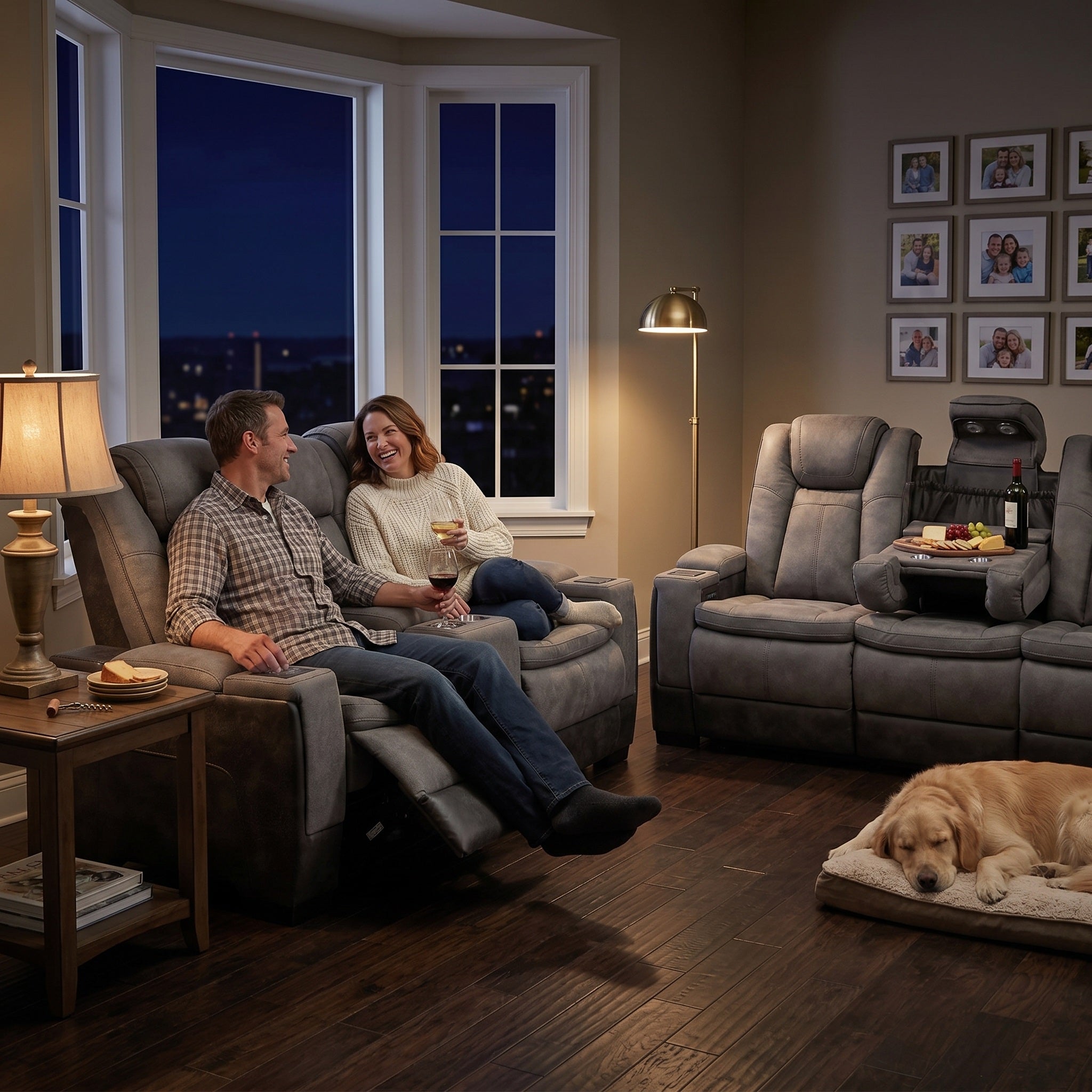 Man and woman sitting in power recliner loveseat in a cozy living room with a dog on a mat.