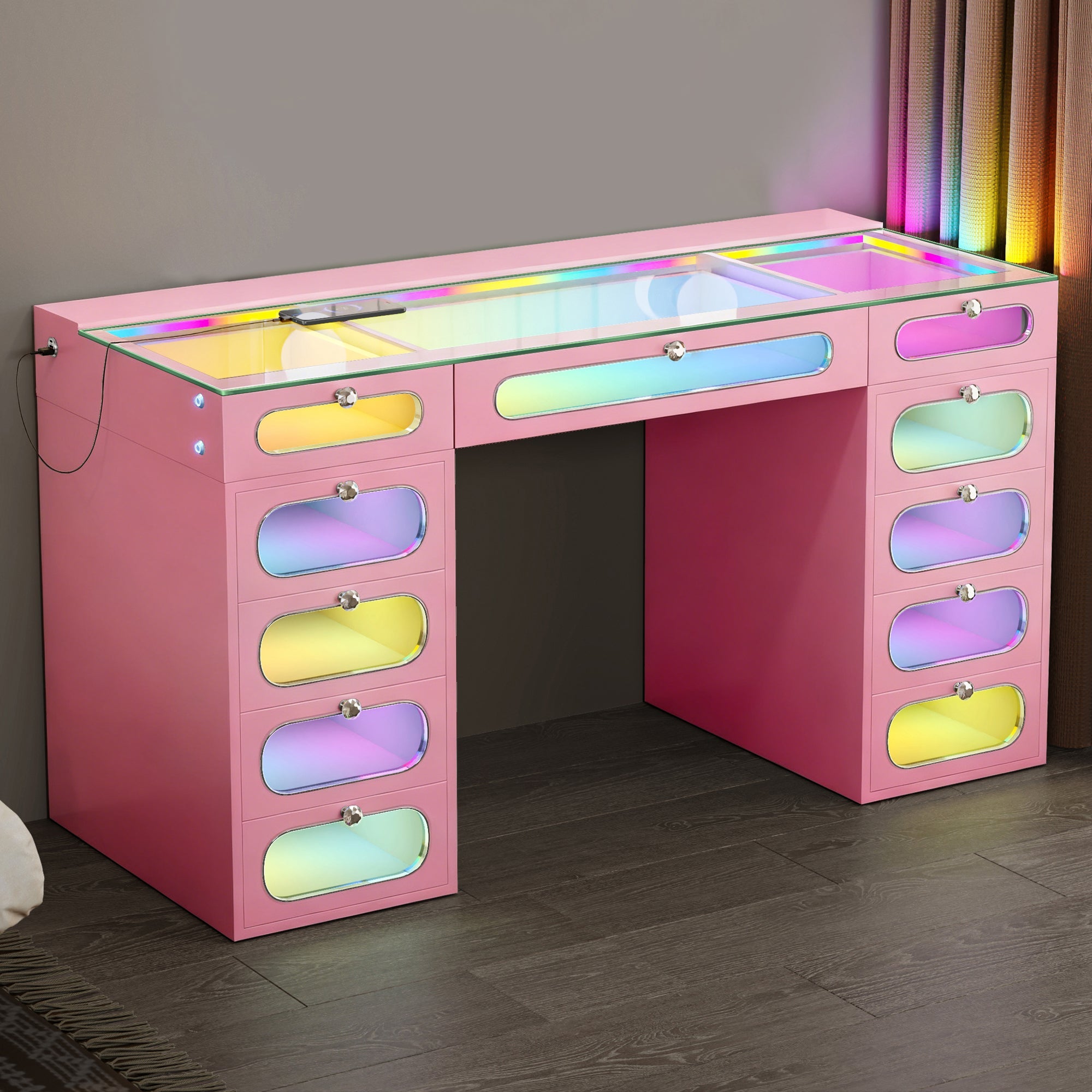 New Release ! VANITII Priscilla Vanity Desk-11 Glass Fronted Drawers with Crystal Handles