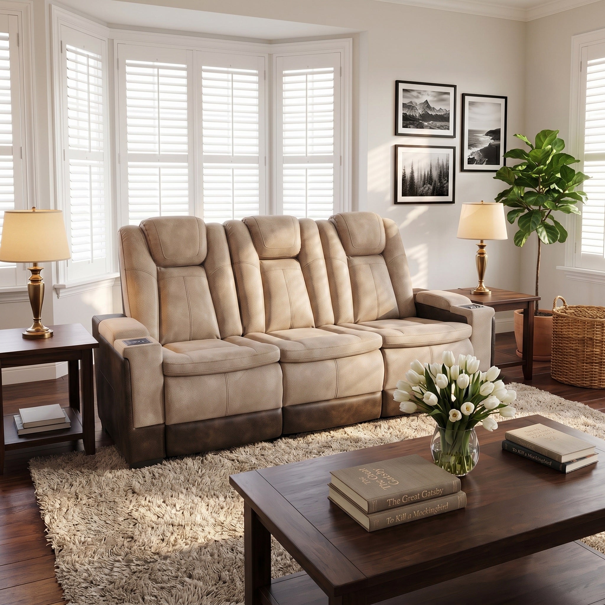 Charlie power recliner sofa in brown faux leather, shown in a staged living room with cup holders and intelligent console.