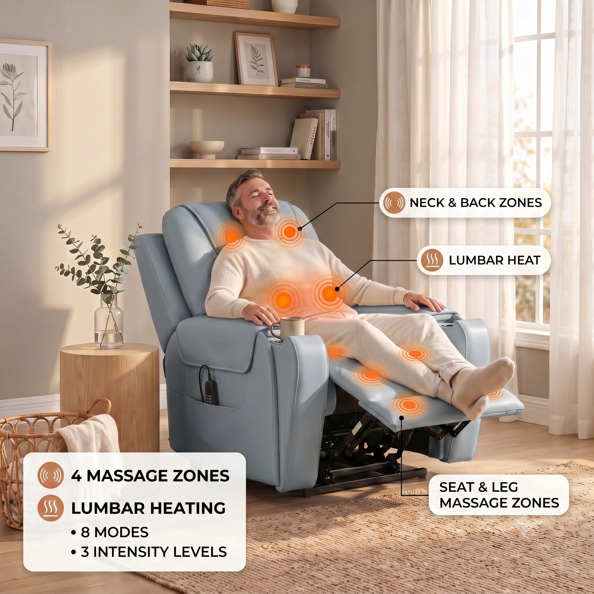 A man sitting in a Blue power recliner chair in a bright living room, with callout labels showing neck and back zones, lumbar heat, seat and leg massage zones, and feature text about 4 massage zones, lumbar heating, 8 modes, and 3 intensity levels.