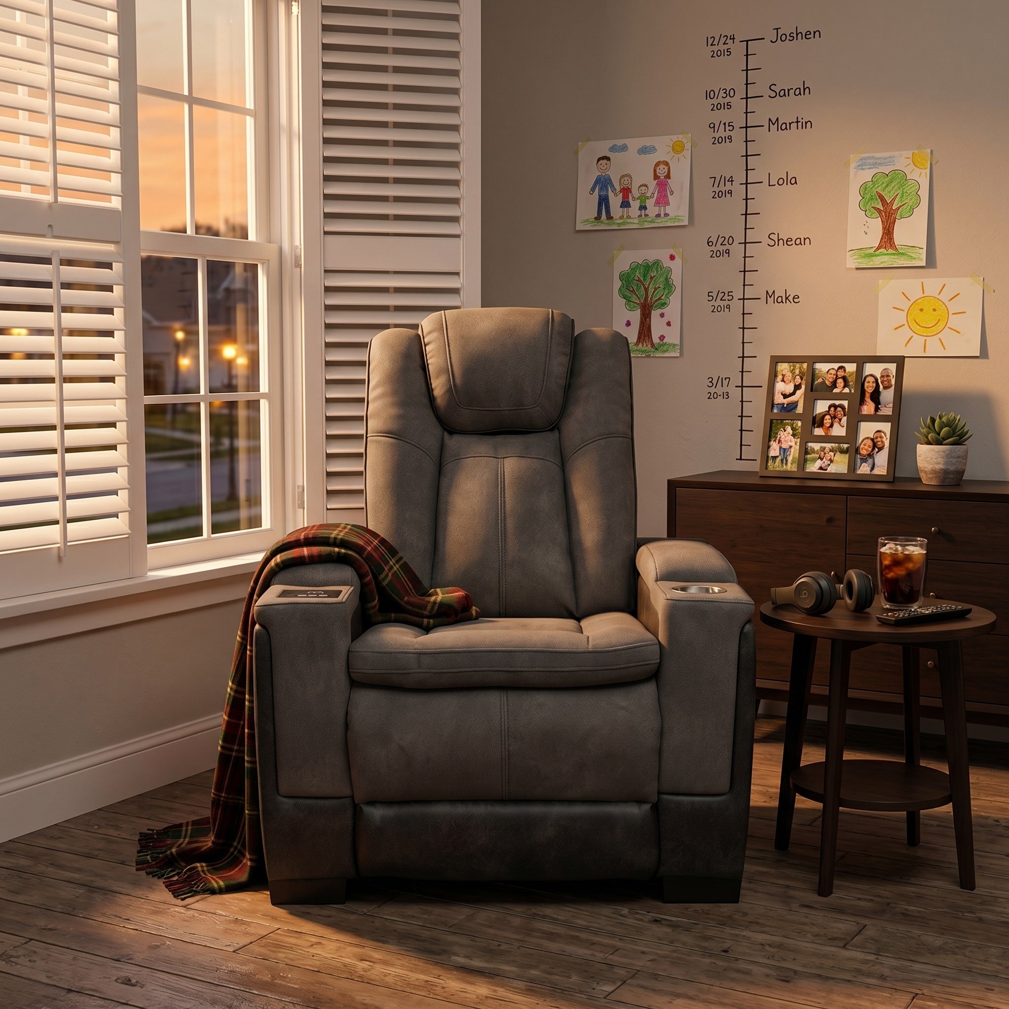 A gray power recliner chair equipped a
cup holder and inteliigent console in the armrests and a plaid throw draped over one side, placed in a styled room.