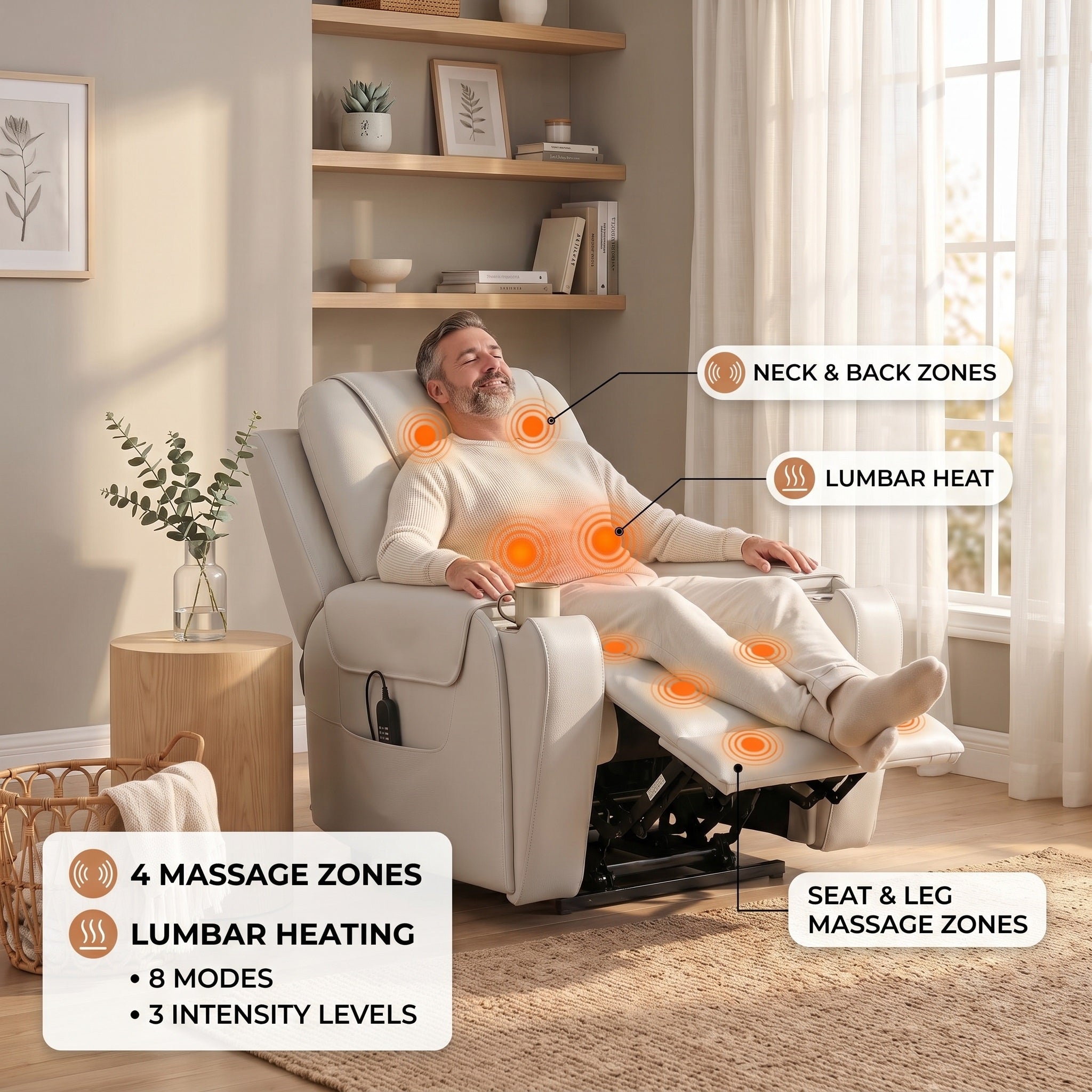 A man sitting in a white power recliner chair in a bright living room, with callout labels showing neck and back zones, lumbar heat, seat and leg massage zones, and feature text about 4 massage zones, lumbar heating, 8 modes, and 3 intensity levels.