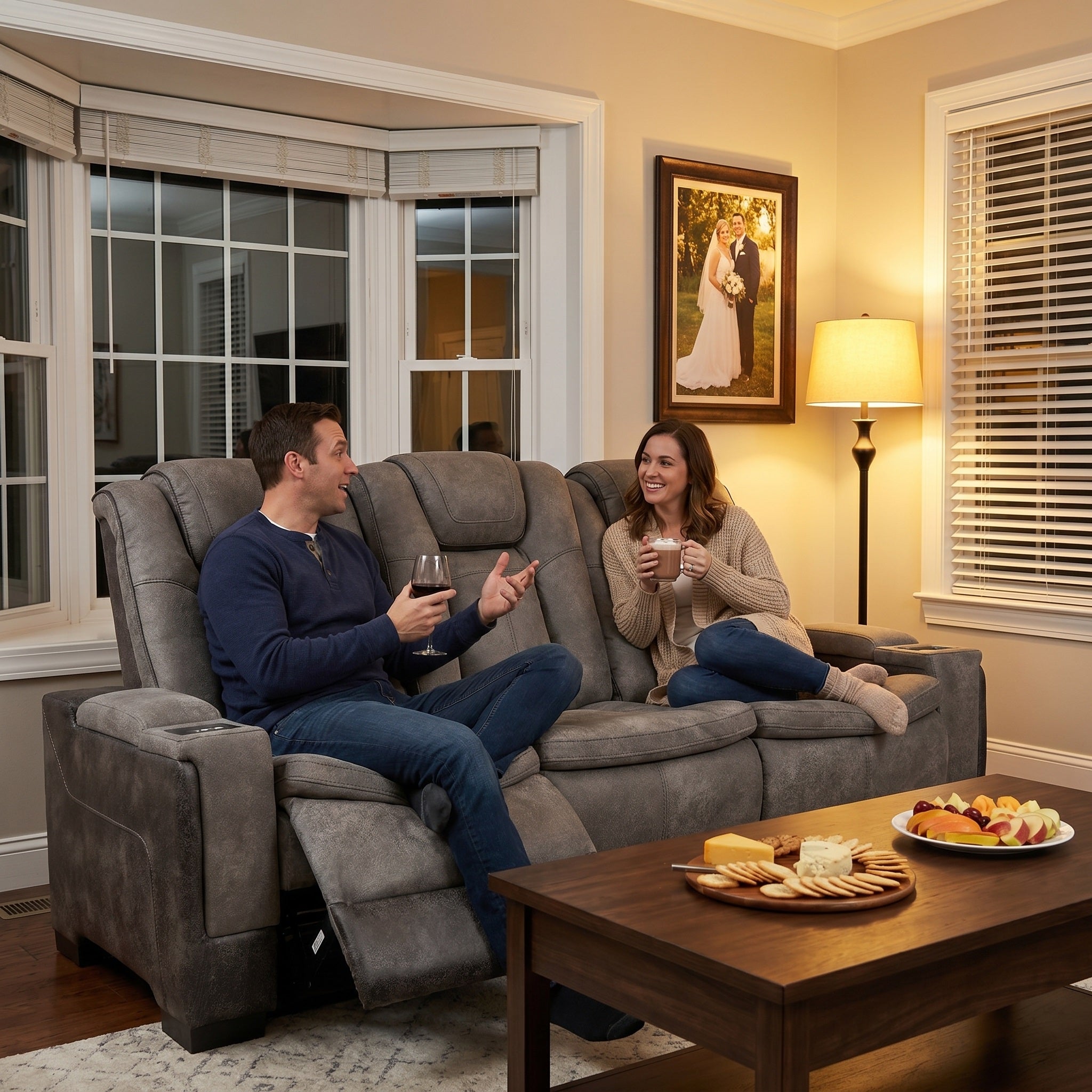A couple relax in a gray power recliner sofa in a cozy living room setting