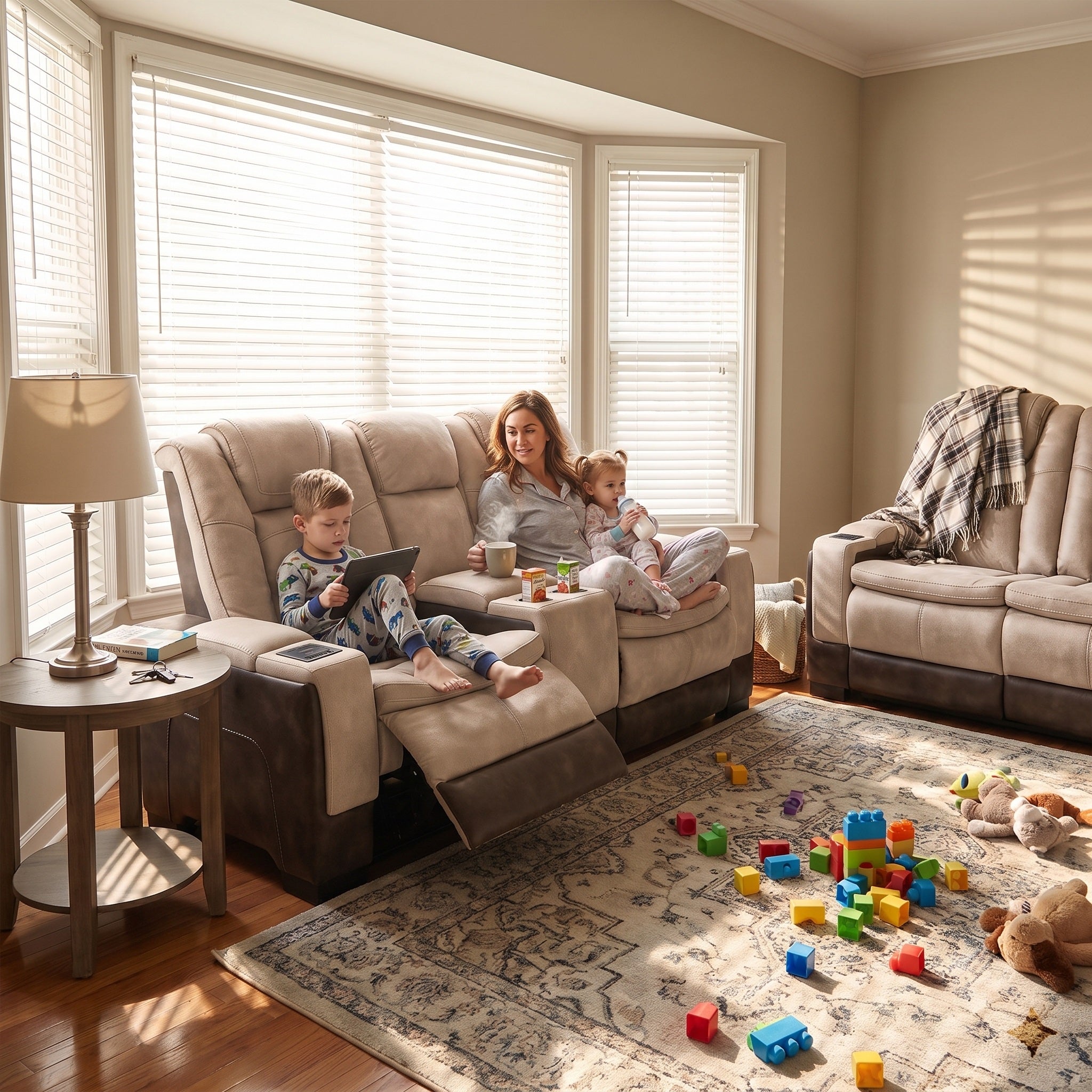 Woman and two children sitting on a brown power recliner loveseat in a living room with toys scattered on the floor.The drinks were neatly placed in the cup holders.