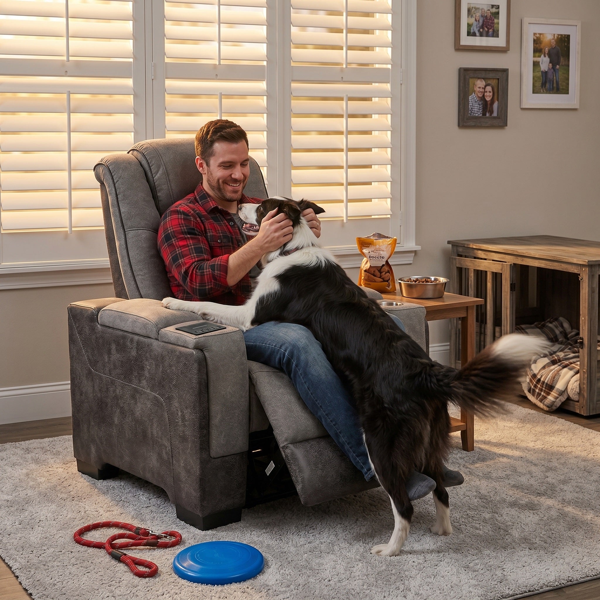 A man relaxes in a gray power recliner chair while holding a dog in a living room. The recliner has a electric seat recliner.