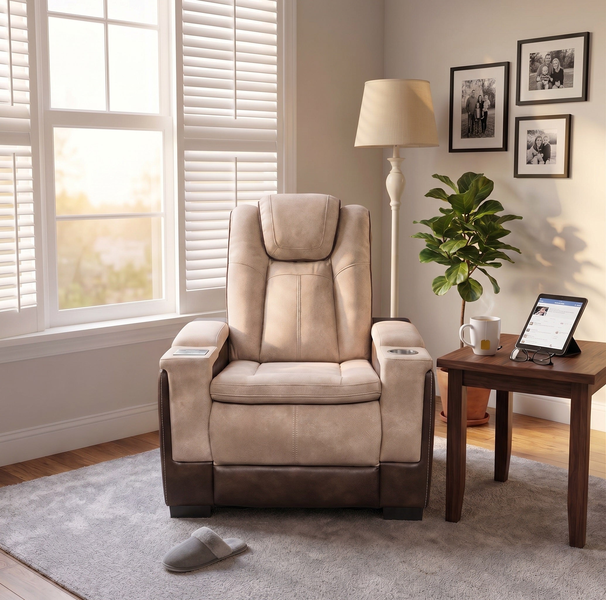 A Charlie Brown power recliner chair equipped with cup holders, intelligent console in a cozy living room