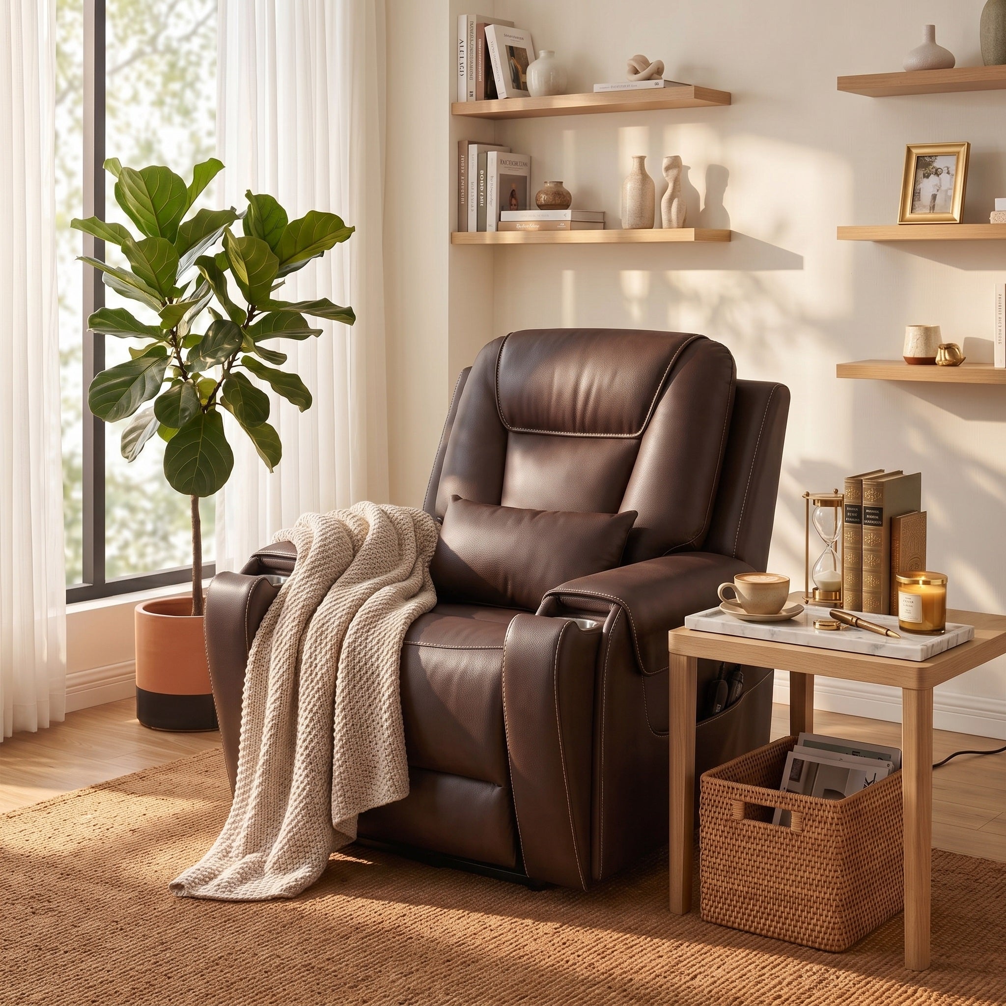 A brown leather power recliner chair with 2 stainless steel cup holders for modern living room setting, with a cream knit throw blanket draped over the arm, a small wooden side table, a potted fiddle-leaf fig plant, and wall shelves in the background.