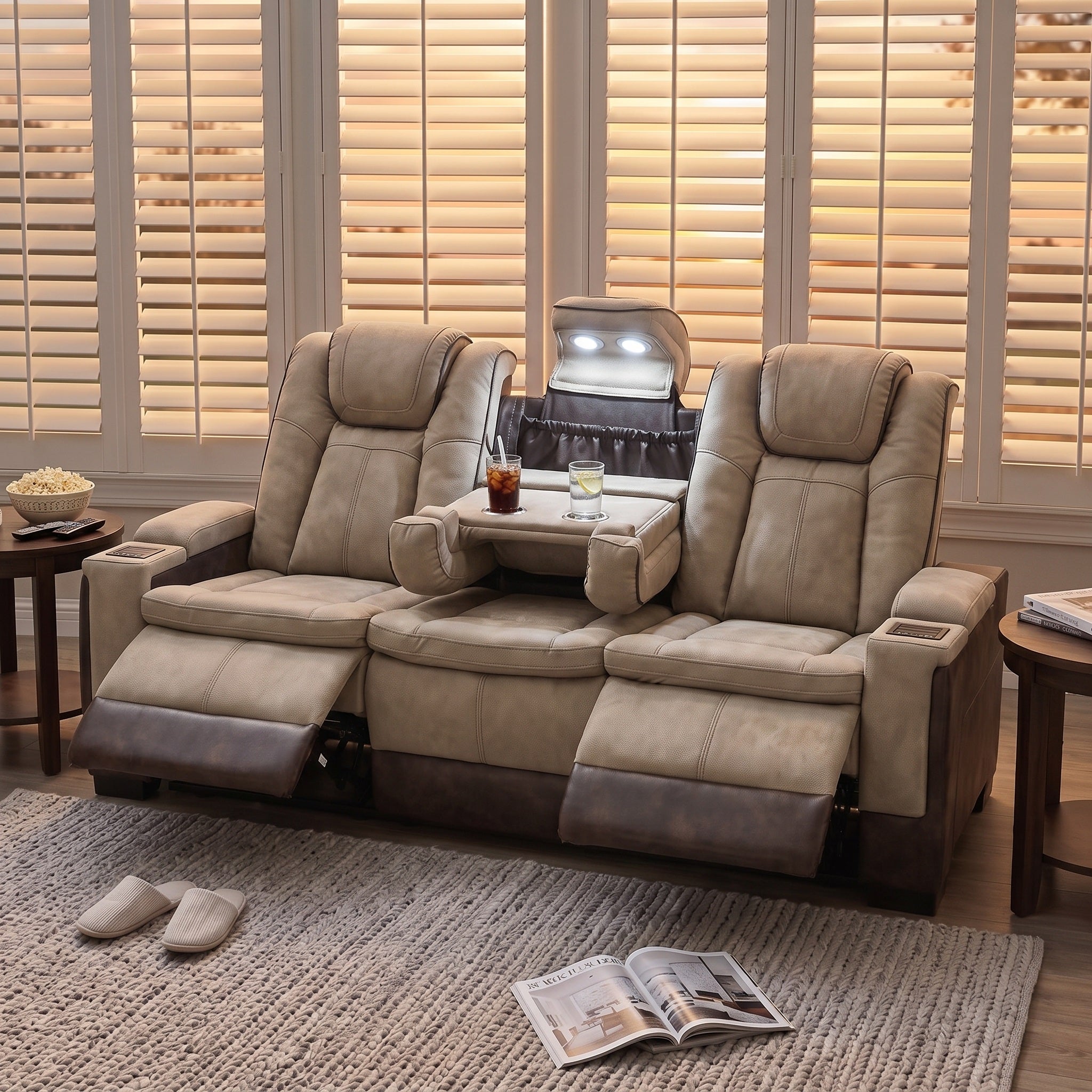 Charlie brown power recliner 3-seat sofa, cup holders,reading light,intelligent console,electric seat recliner,pet friendly water-resistant fabric, power reclining angle range 90°-145° for modern living room