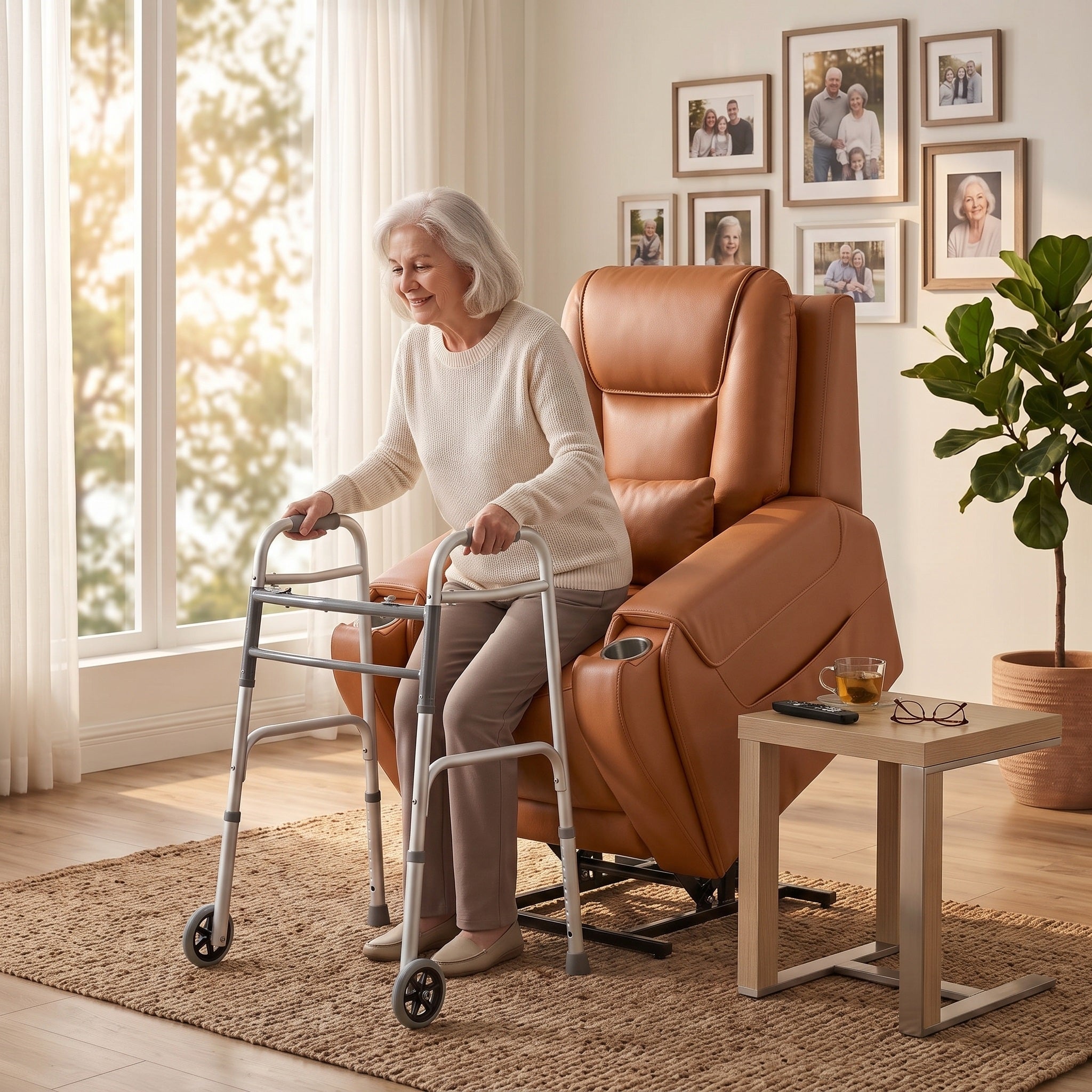 An elderly woman in the living room adjusted the angle of the saddle power recliner chair using the "triple-power reclining" function and used a walking aid to help herself stand up.
