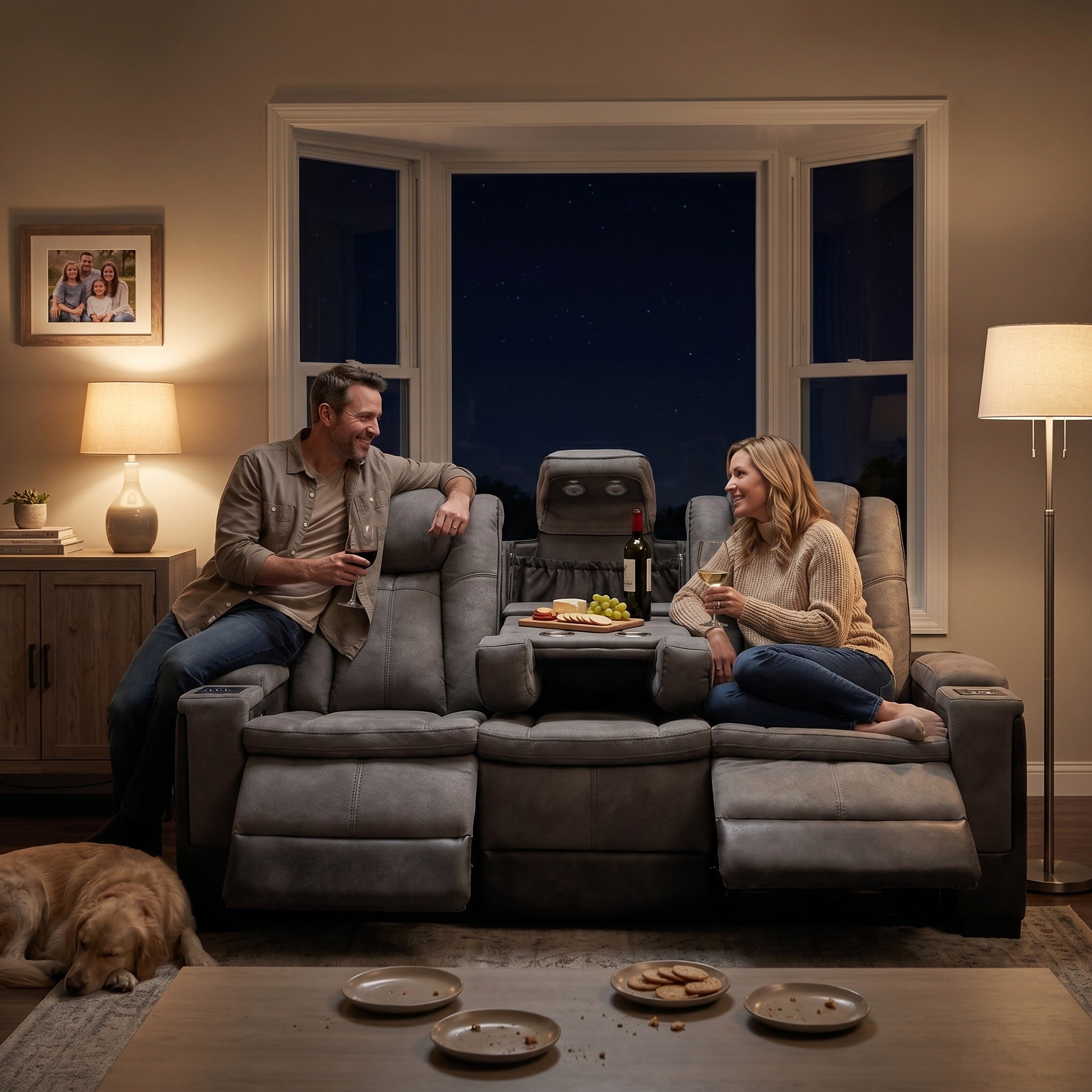 A couple was sitting comfortably on the two sides of the Charlie Power reclining sofa in the cozy living room, enjoying their drinks. The middle seat folded down to hold a fruit platter and a bottle of wine.
