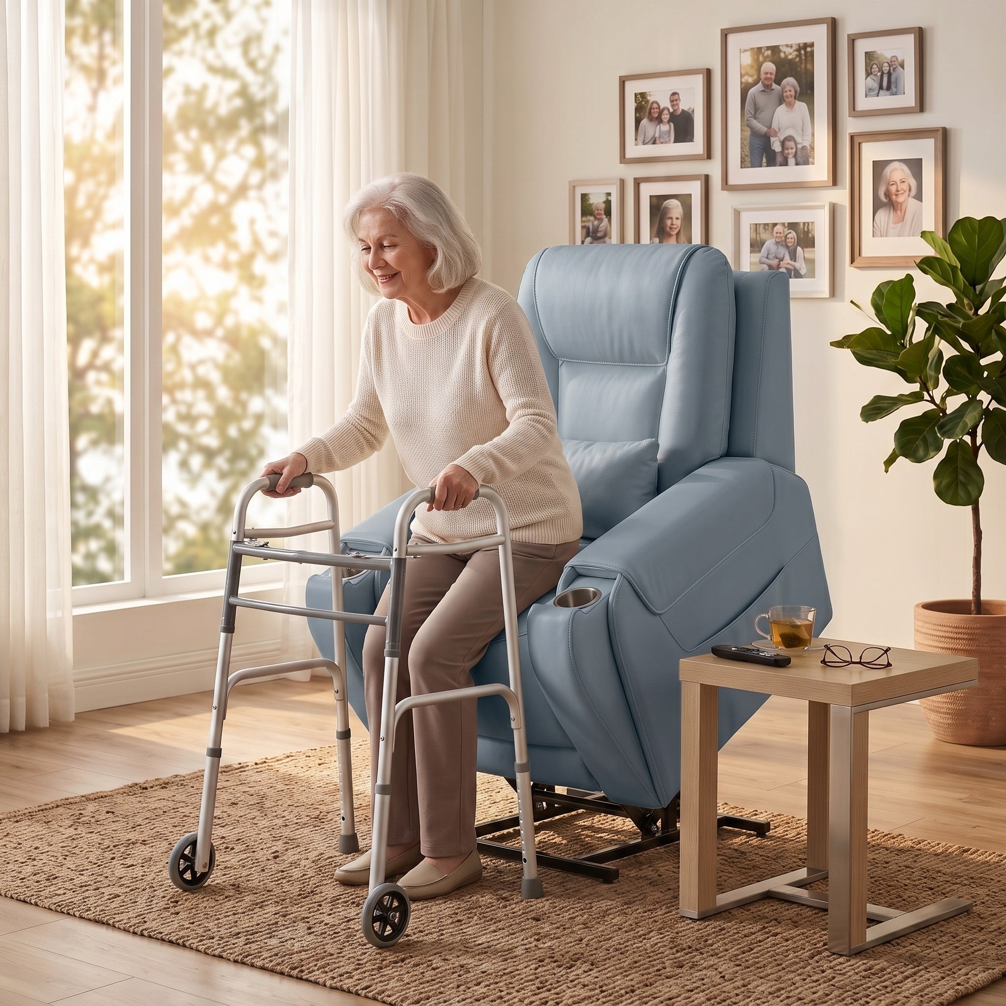 An elderly woman in the living room adjusted the angle of the blue power recliner chair using the "triple-power reclining" function and used a walking aid to help herself stand up.