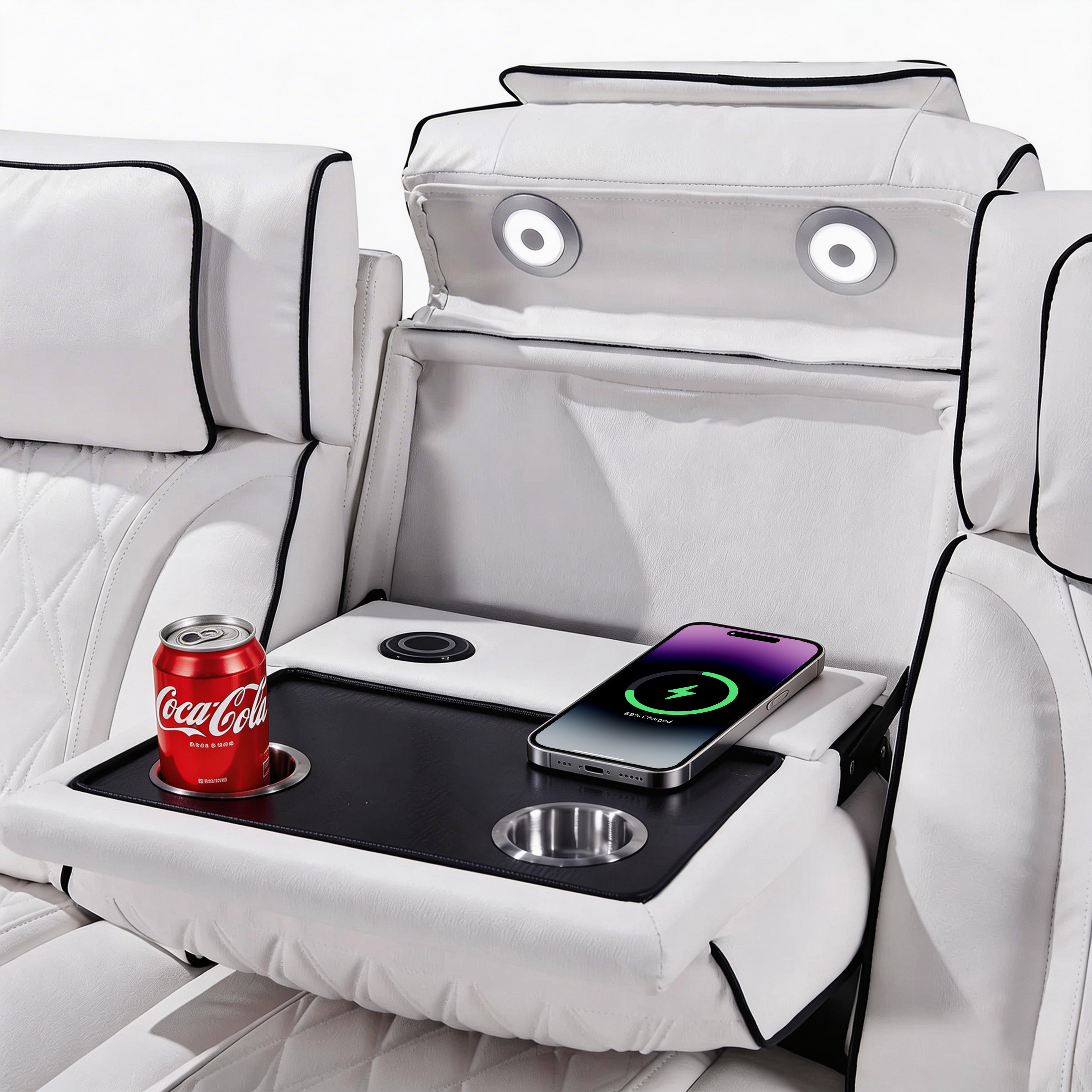 Built-in reading light、wireless charging and two stainless steel cup holders