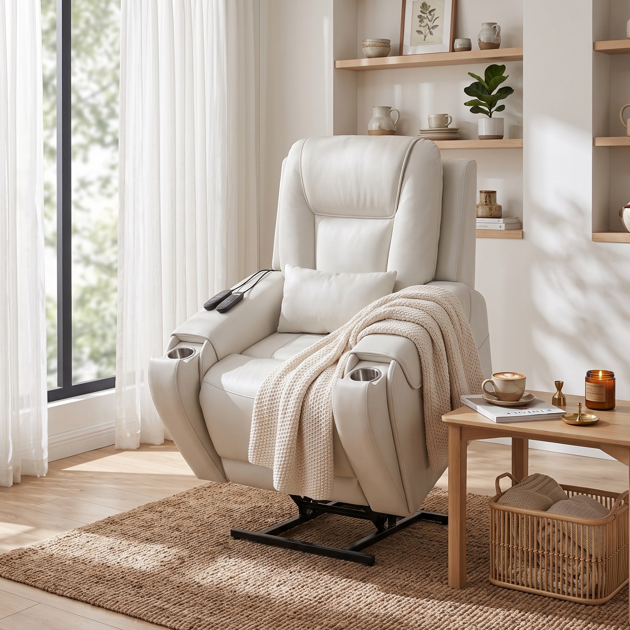 The base of the white electric power lift recliner chair can be adjusted to a comfortable height.
