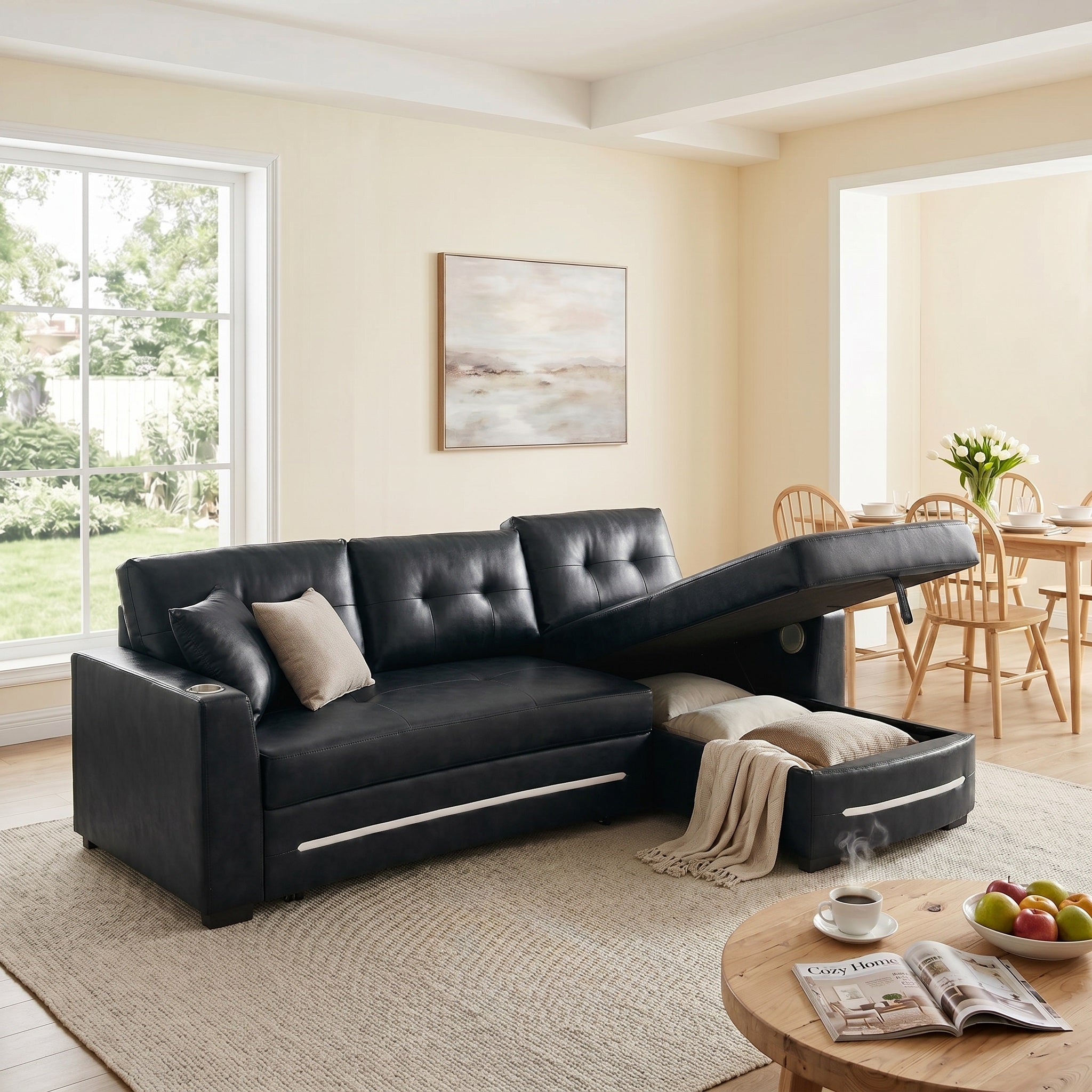 Modern L-Shaped Sectional Sofa Bed with Storage & Pull-Out Bed – Black Fabric Right Chaise