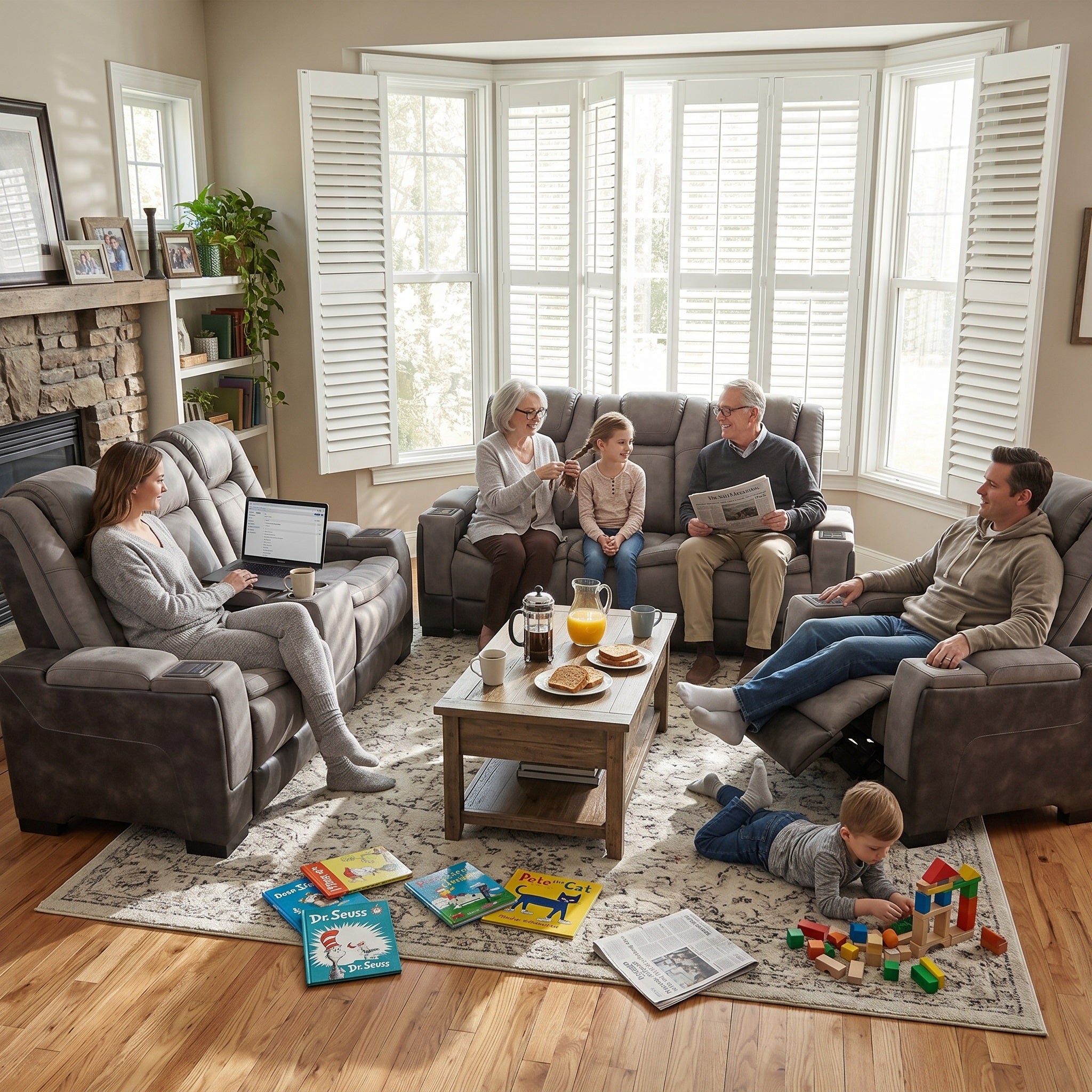A family of six was sitting on the Charlie grey power recliner sofa set, taking a rest. Coffee was placed in the cup holder. The man was lying down and resting with adjustable footrests. The scene was very cozy.
