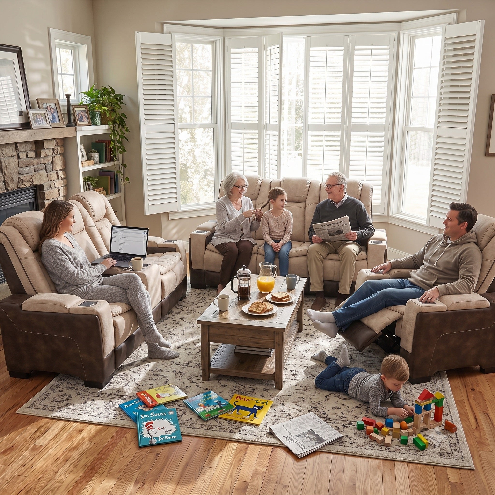 A family of six was sitting on the Charlie Brown power recliner sofa set, taking a rest. Coffee was placed in the cup holder. The man was lying down and resting with adjustable footrests. The scene was very cozy.