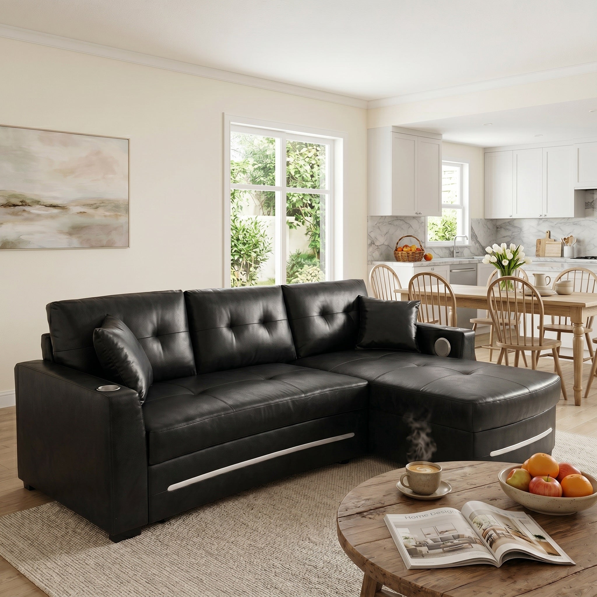 Modern L-Shaped Sectional Sofa Bed with Storage & Pull-Out Bed – Black Fabric Right Chaise