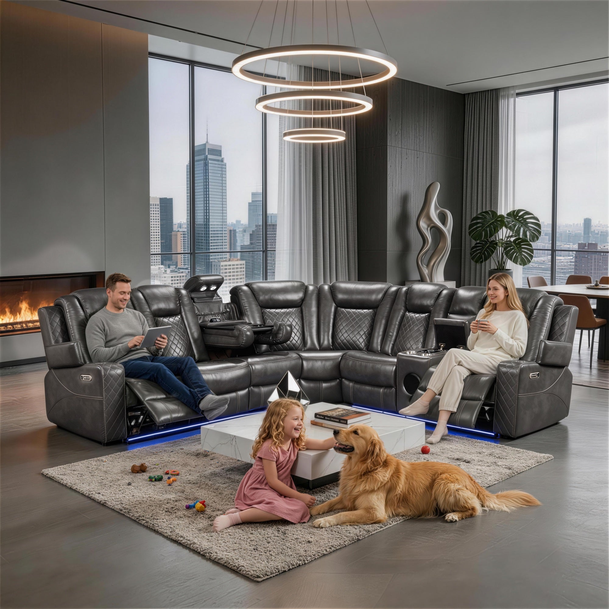 Family is sitting comfortably on the Alice Power Recliner Sectional, taking a rest.