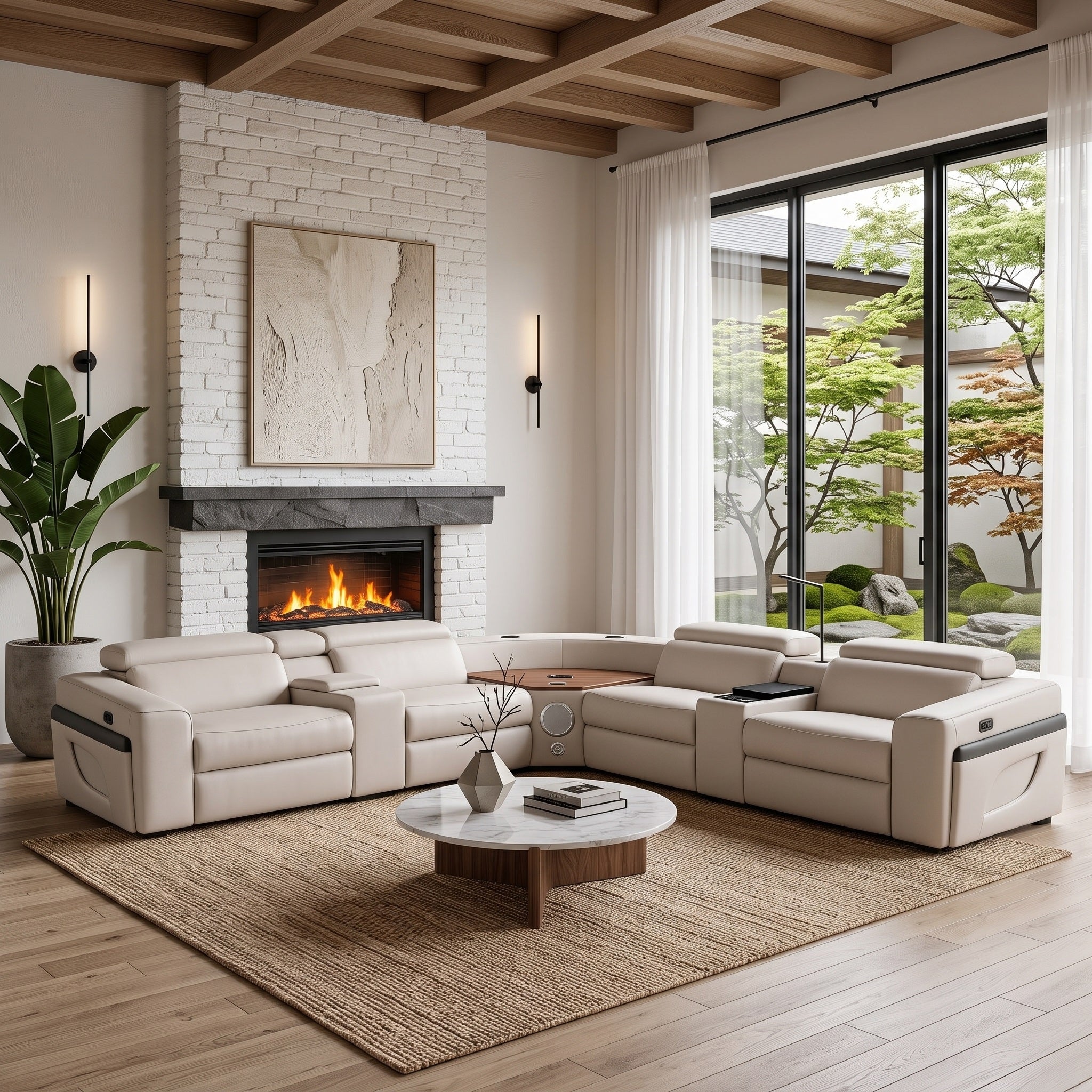 Beige eco air leather power recliner sectional sofa, built-in wine cabinet, bluetooth speaker, wireless charging, LED ambient lighting for living room
