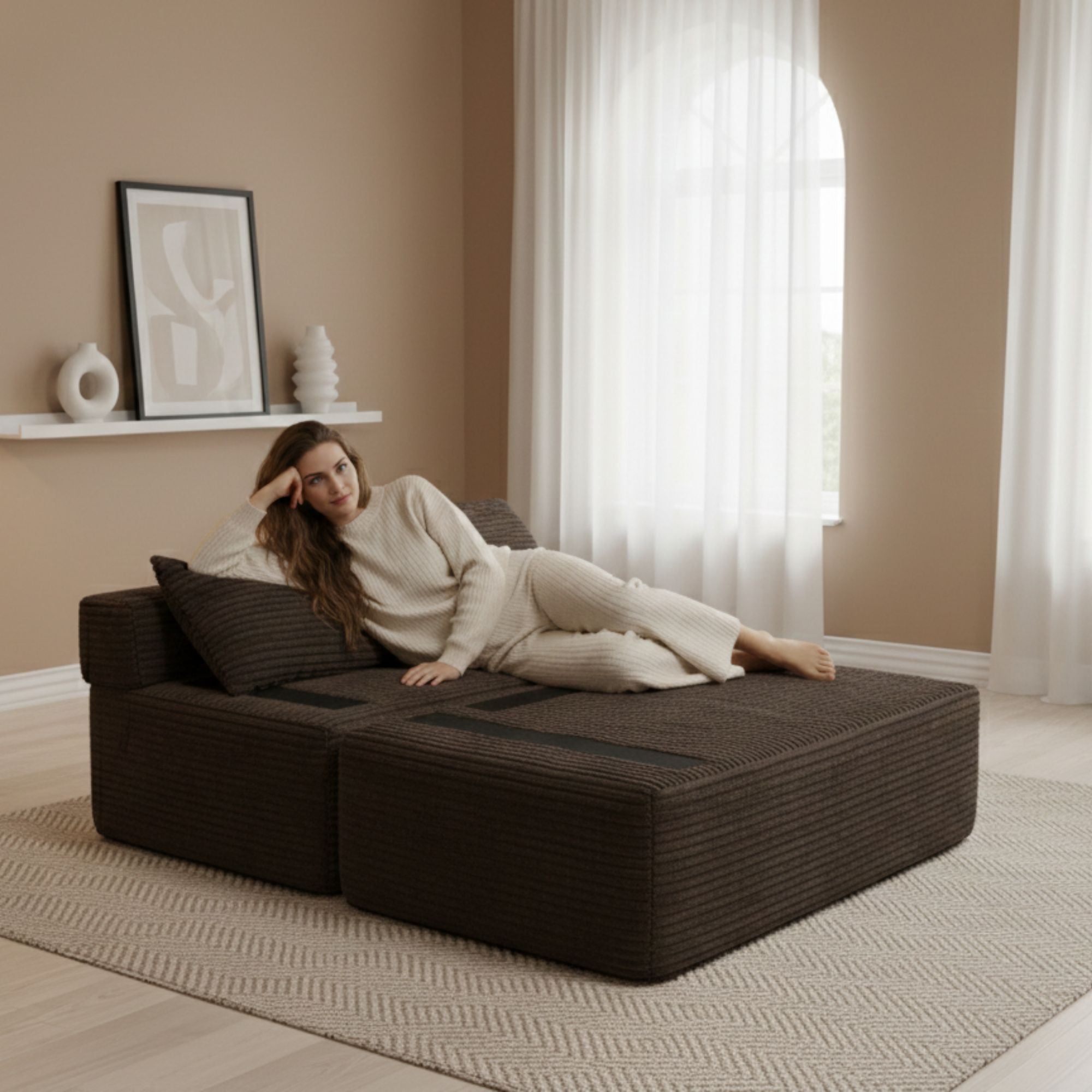 Modern Brown Corduroy Sectional Sofa, L-Shaped Couch