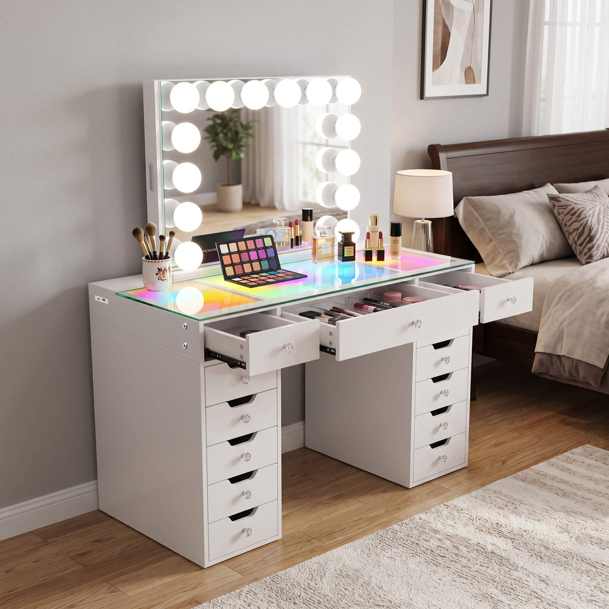 VANITII Eva-RGB Vanity Desk Set Including Marilyn Hollywood Vanity Mirror Pro with Jewelry Organizer