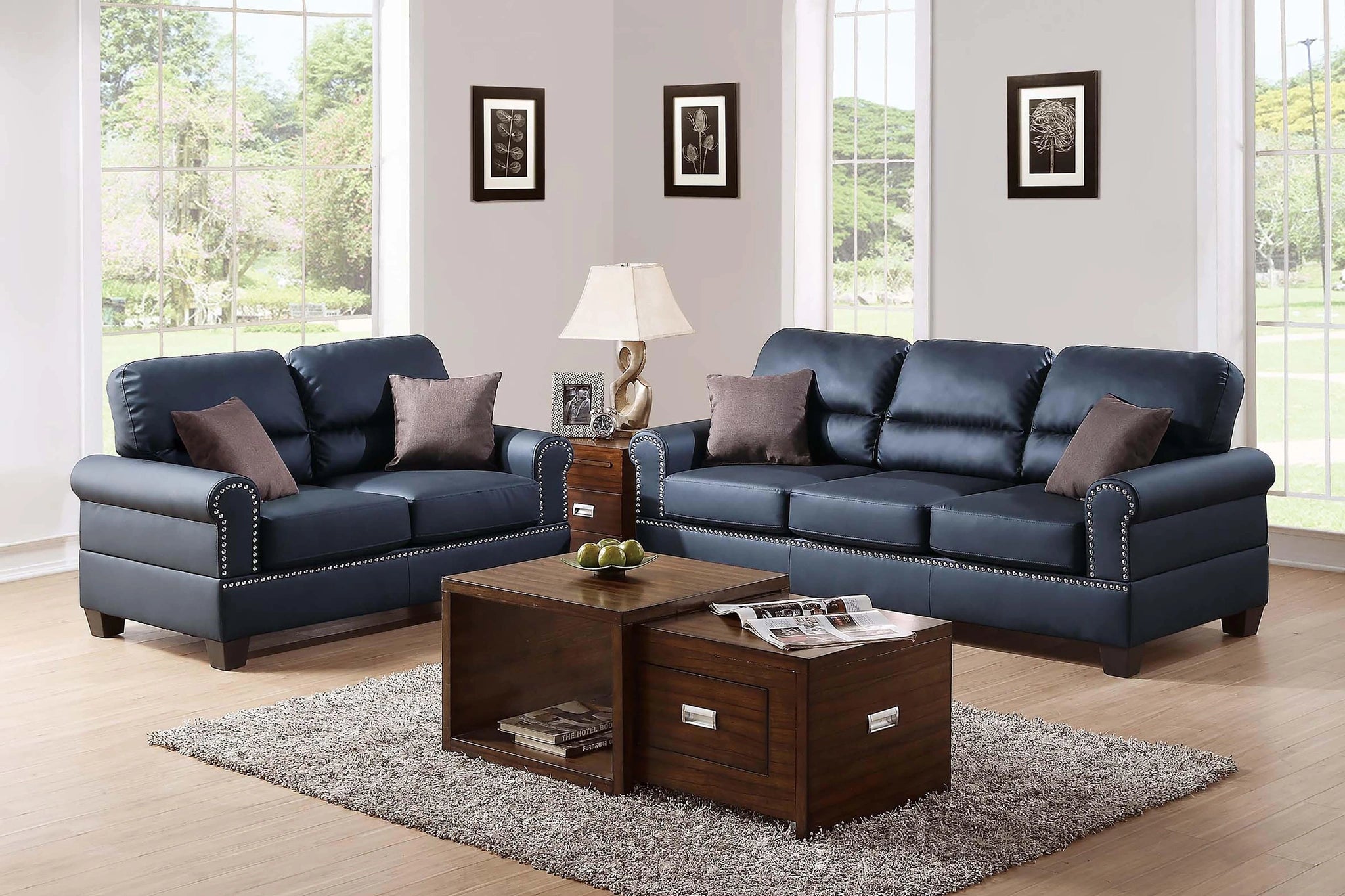Chixin 2-Pcs Sofa Set/Black Bonded Leather in Black/Dark Coffee