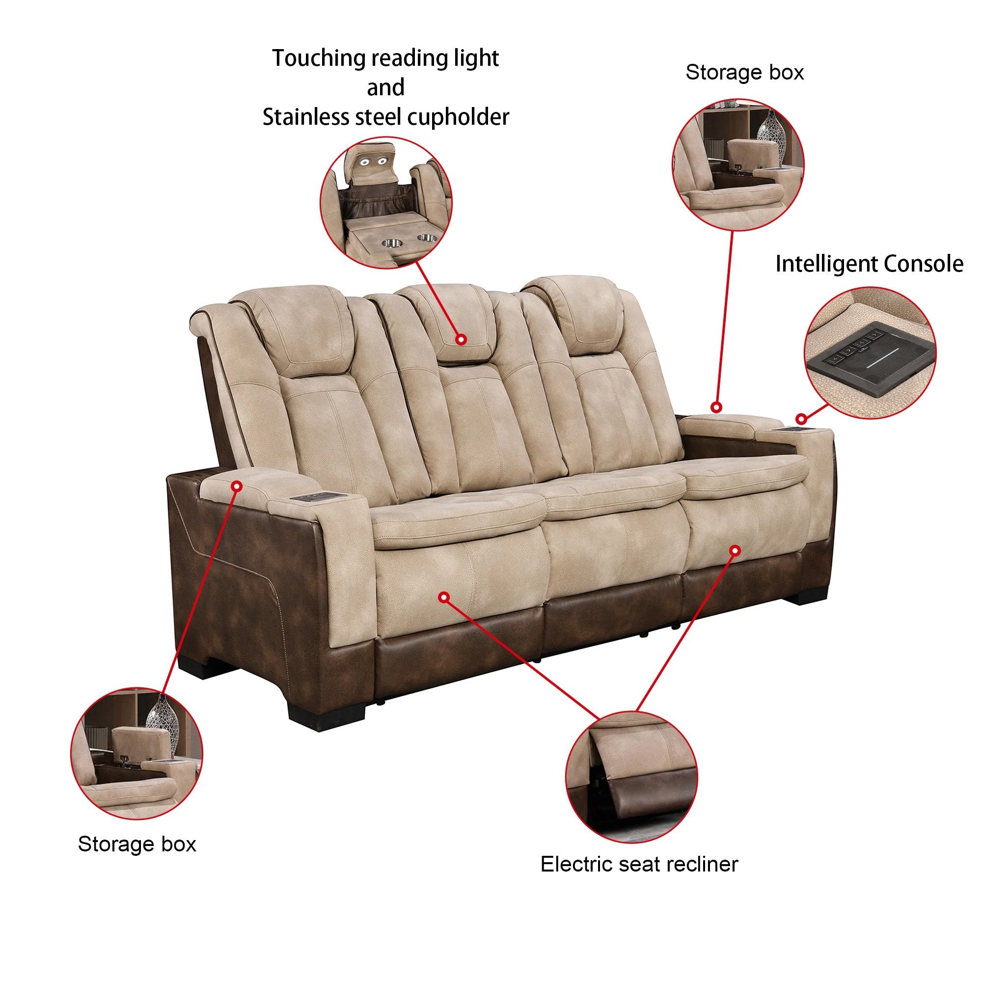 Charlie Modern Brown Power Recliner Sofa for Living Room or Home Theater