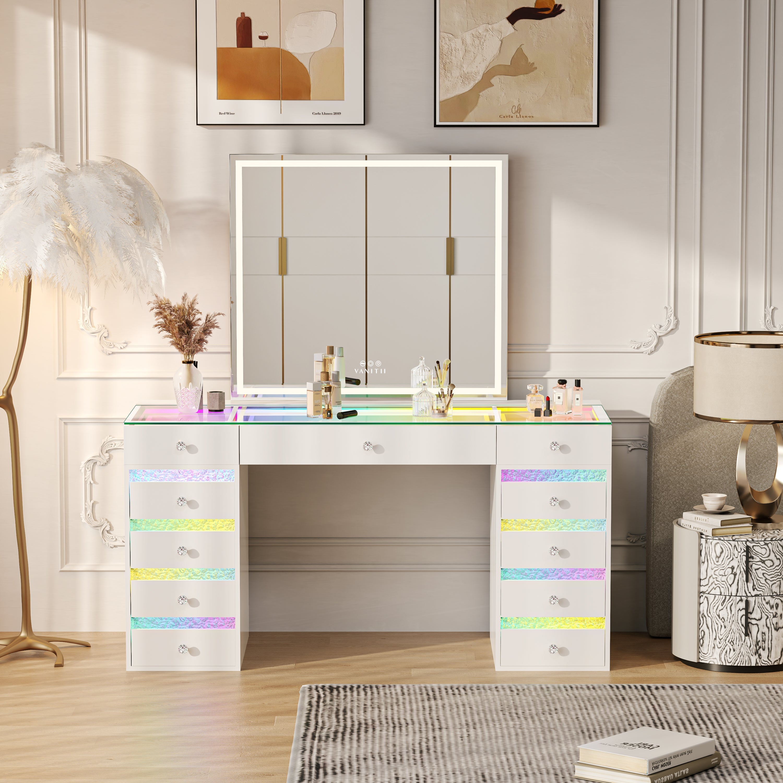 VANITII Luna Vanity RGB Table Set With Bluetooth Speaker & Hana Mirror