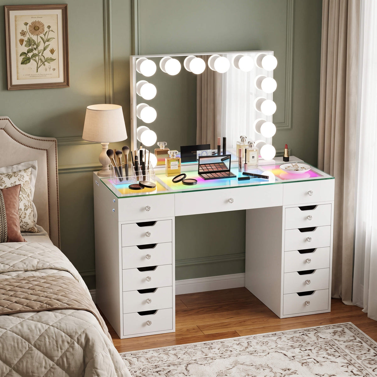 VANITII Eva-RGB Vanity Desk Set Including Marilyn Hollywood Vanity Mirror Pro with Jewelry Organizer
