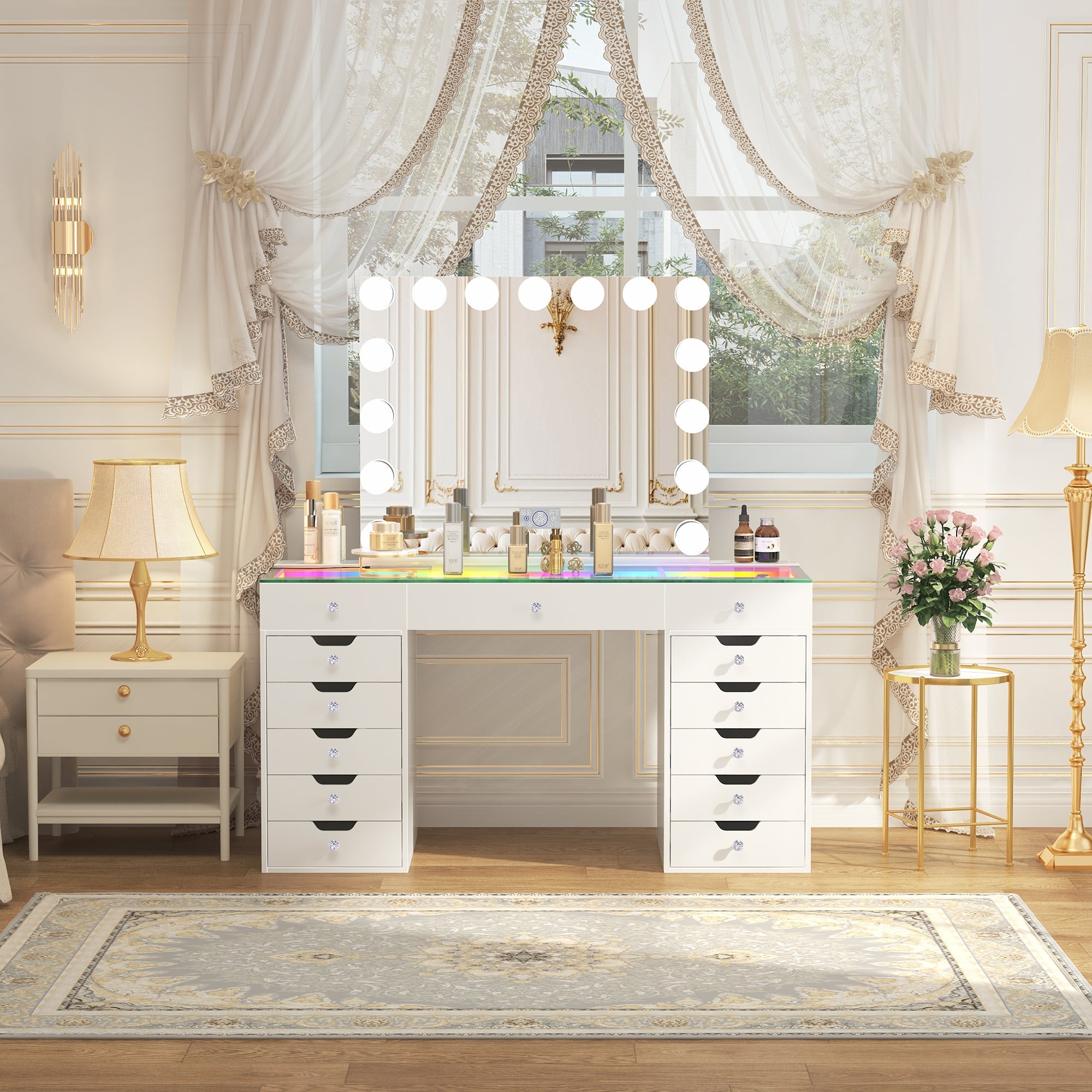 Eva-RGB Vanity Desk Set with 15 Bulbs Mirror
