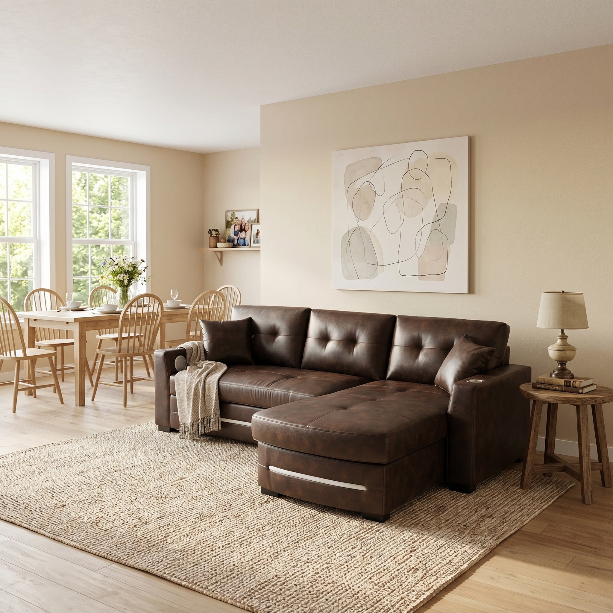 Brown leather RHF sectional sofa bed with hidden storage, armrest cup holders for in modern living room