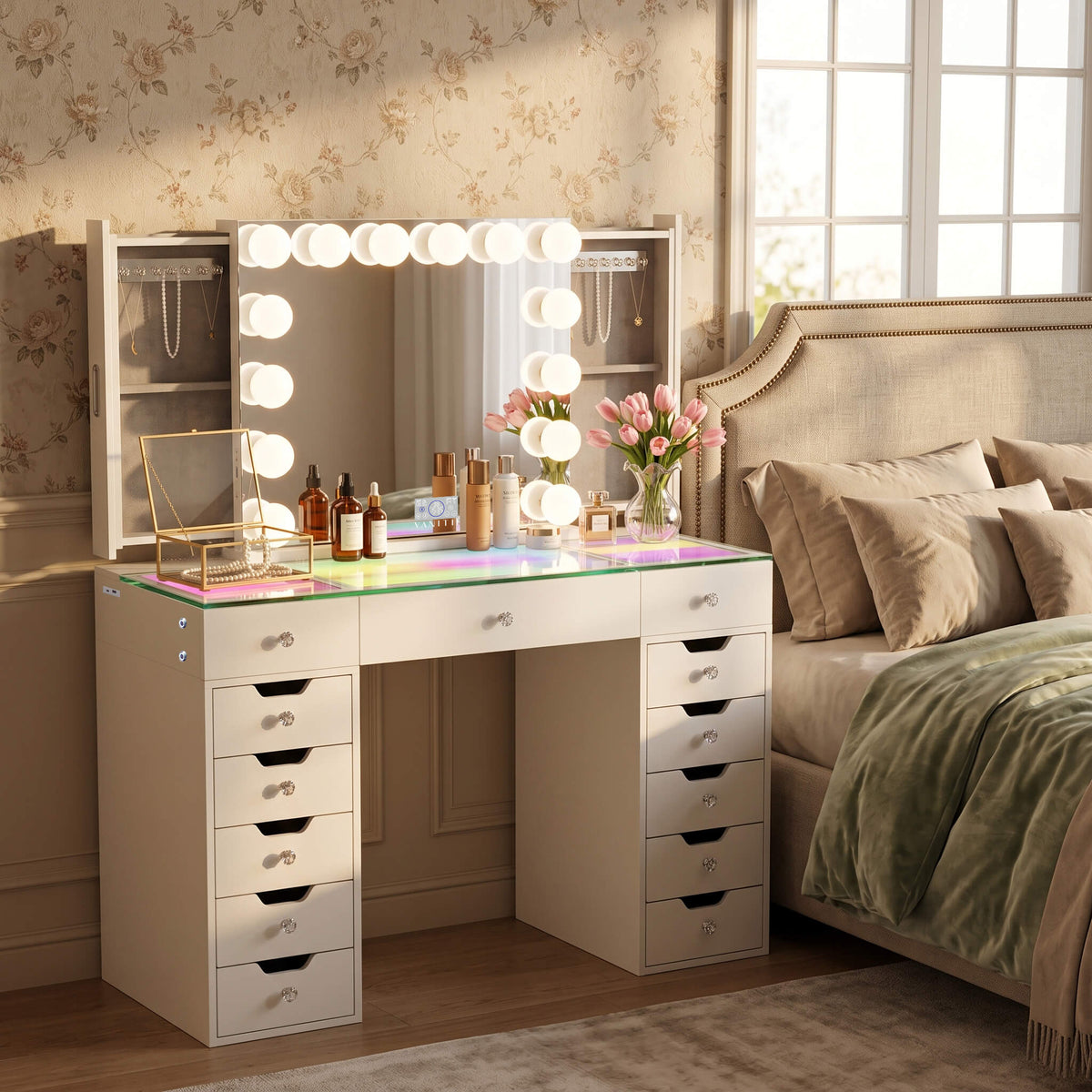 VANITII Eva-RGB Vanity Desk Set Including Marilyn Hollywood Vanity Mirror Pro with Jewelry Organizer