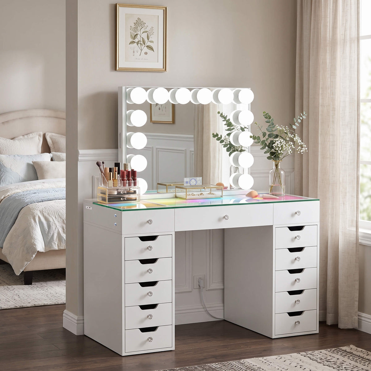 VANITII Eva-RGB Vanity Desk Set Including Marilyn Hollywood Vanity Mirror Pro with Jewelry Organizer