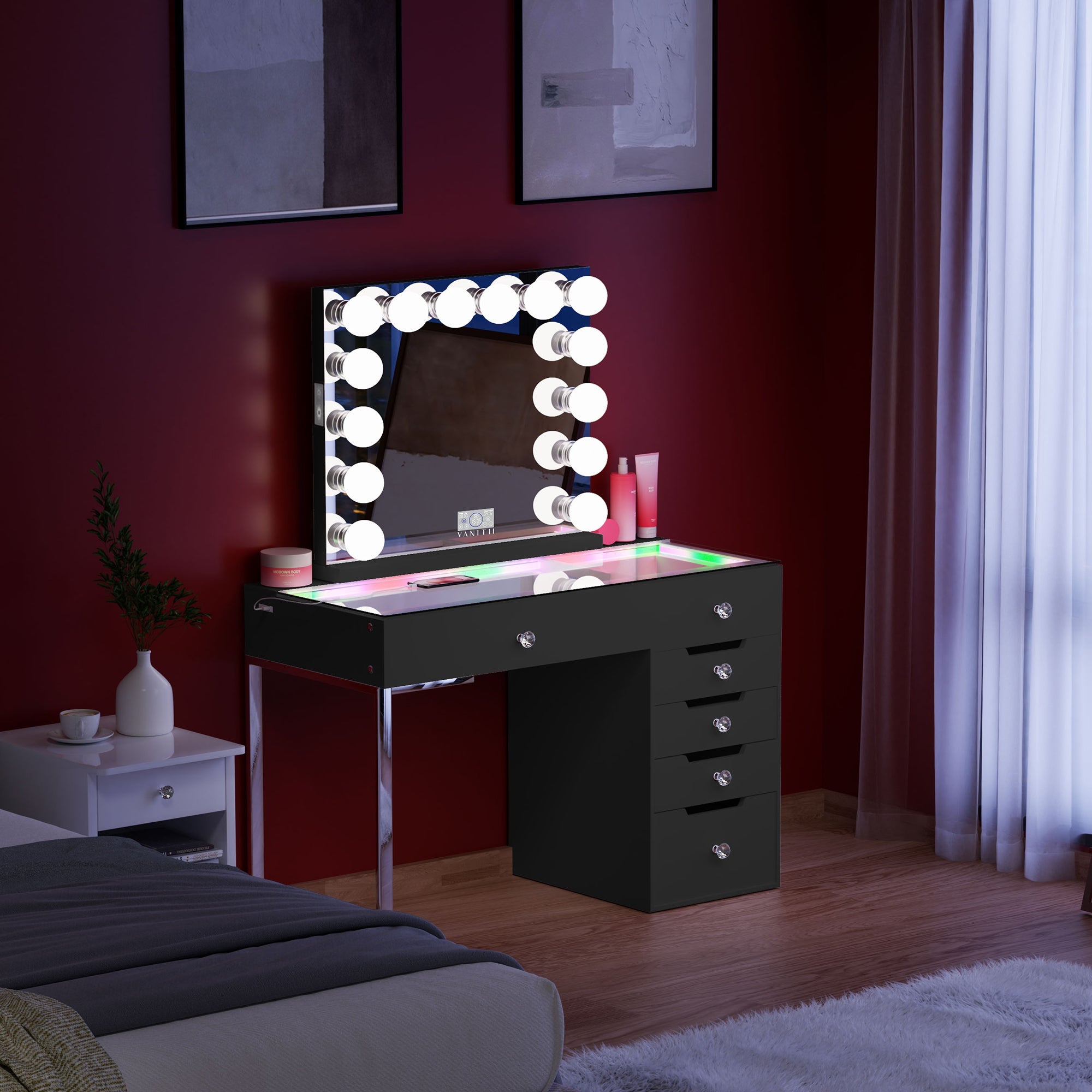 VANITII Diana RGB Vanity Desk with 6 Storage Drawers and Marilyn Hollywood Vanity Mirror