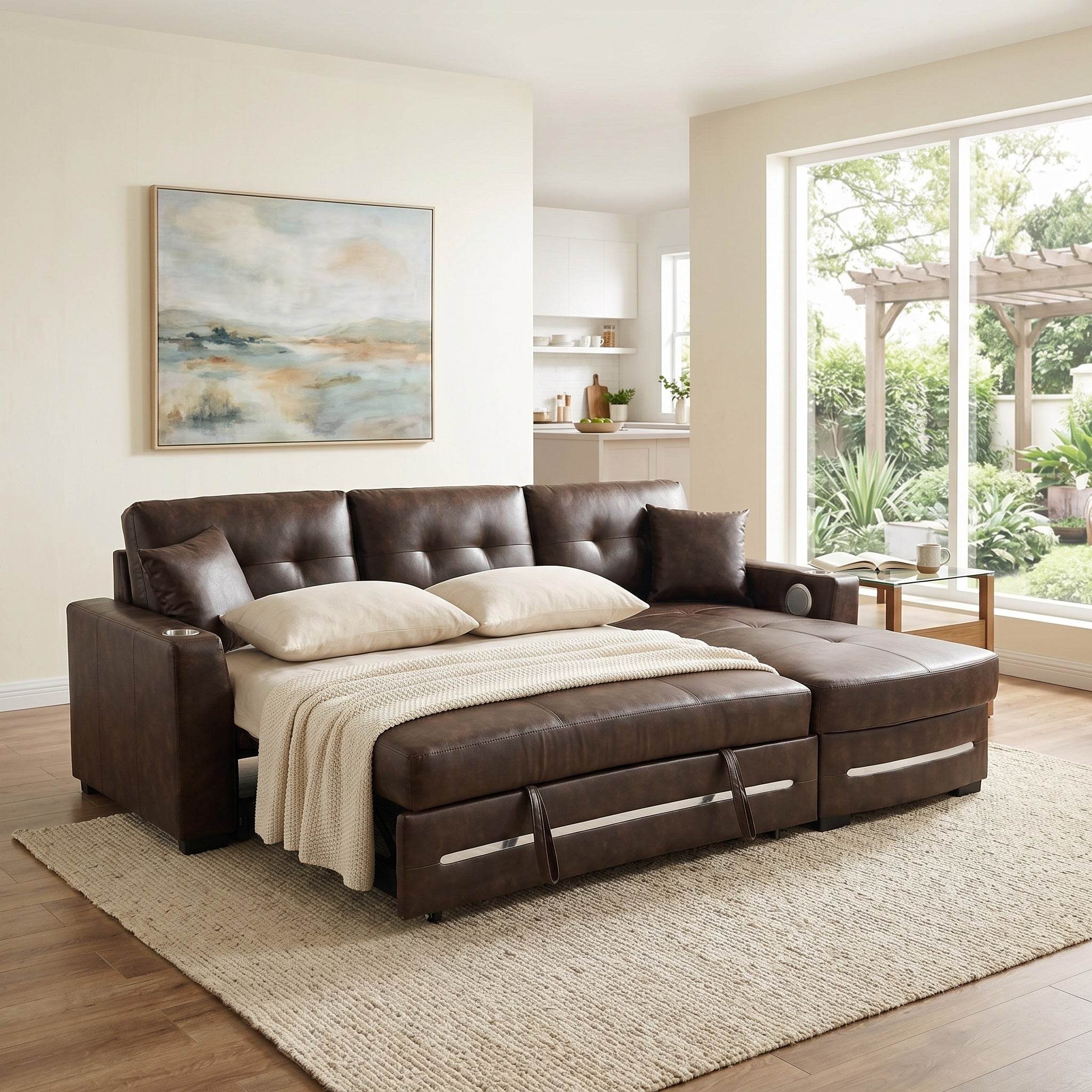 Multi-functional brown RHF sectional sofa bed convertible bed design for mordern living room