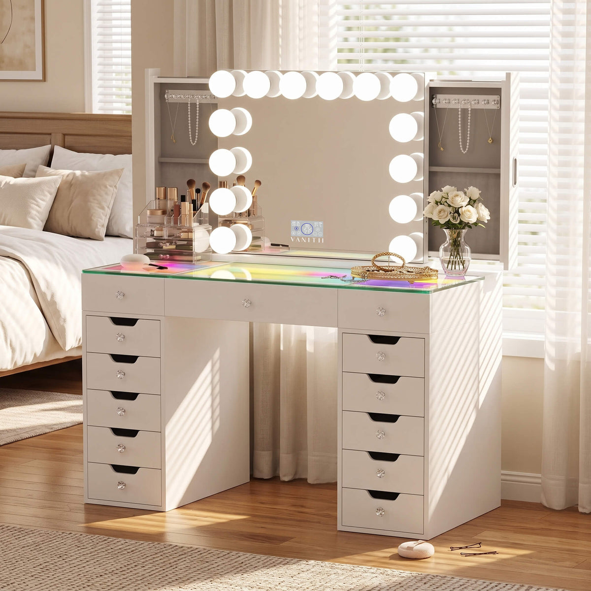 VANITII Eva-RGB Vanity Desk Set Including Marilyn Hollywood Vanity Mirror Pro with Jewelry Organizer